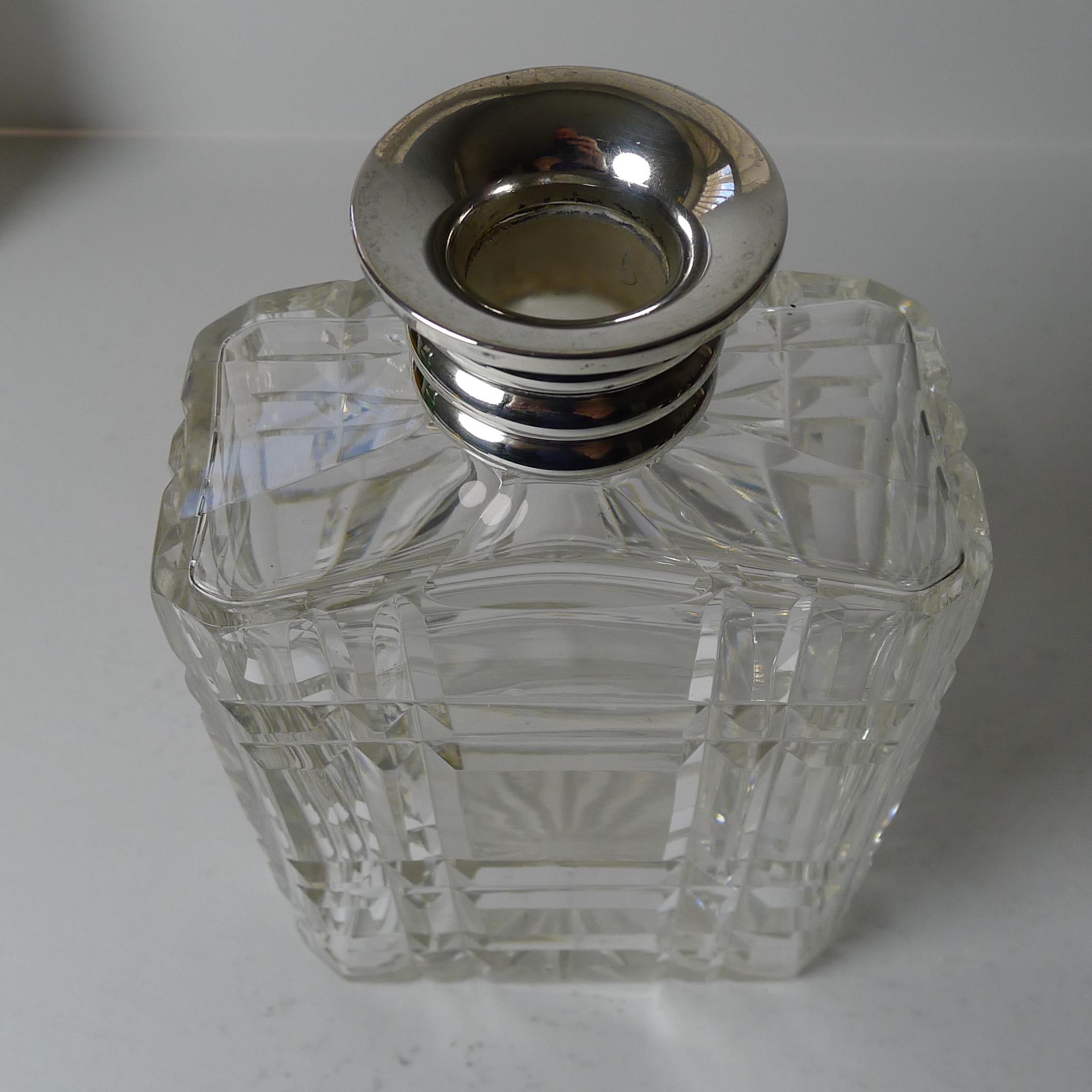 Glass Striking English Cut Crystal and Sterling Silver Art Deco Decanter, 1935 For Sale