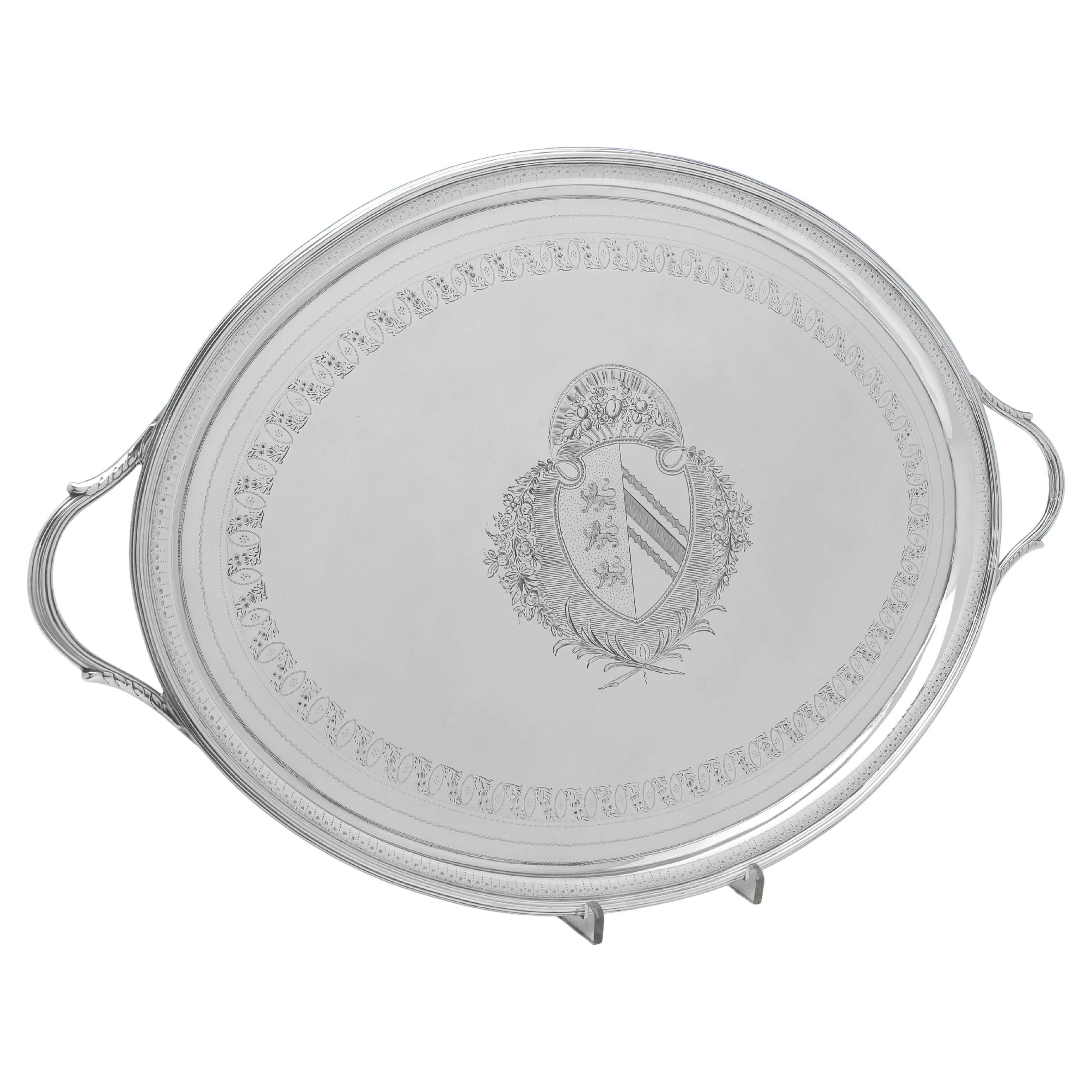 Striking Engraved Neoclassical Antique Sterling Silver Tray, London 1798 For Sale