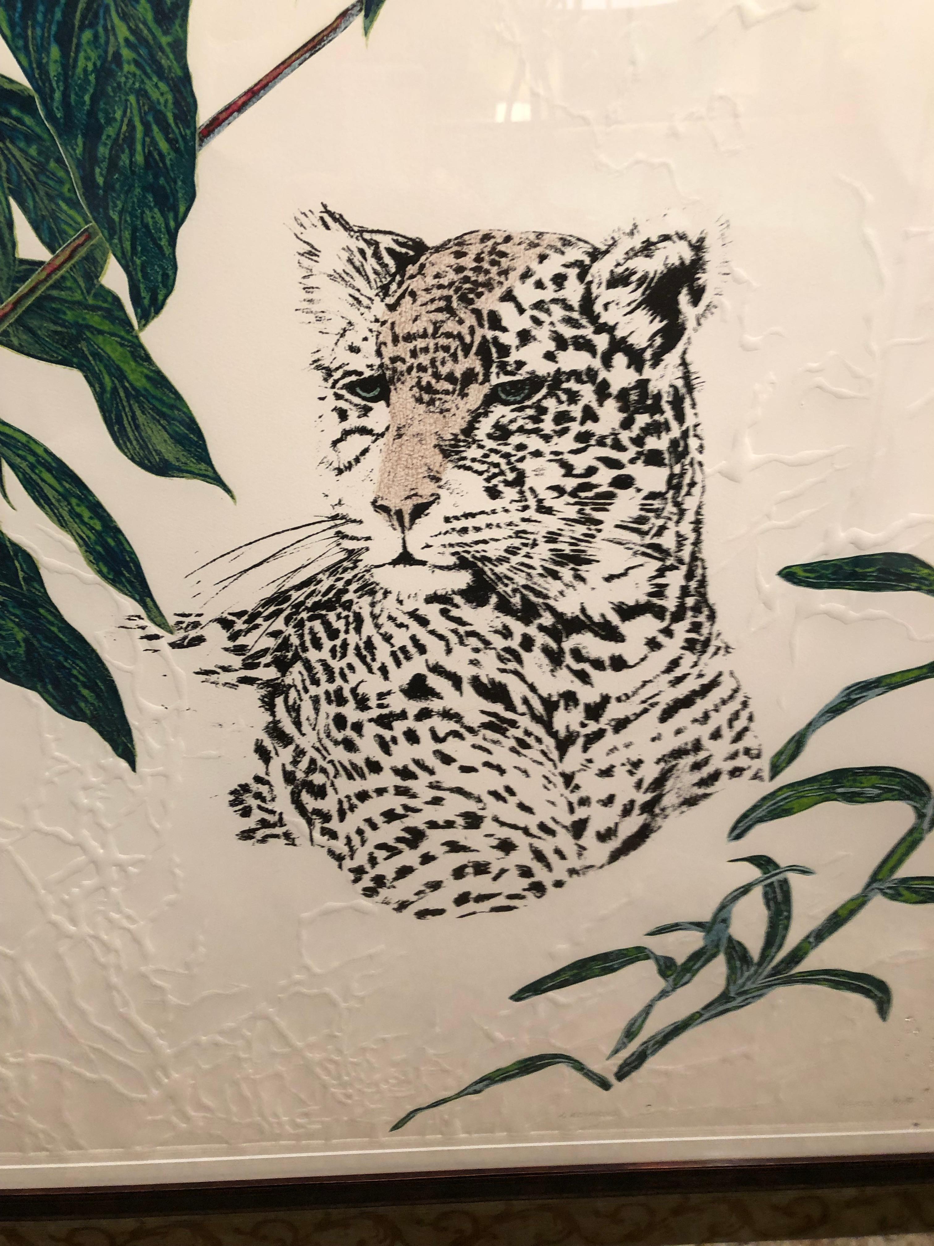 A beautiful etching by artist Jonna White having central black and white leopard among stylishly rendered tropical foliage. Paper has incredible raised embossed decoration. Custom wood frame compliments the work. Signed and numbered 47/150.
