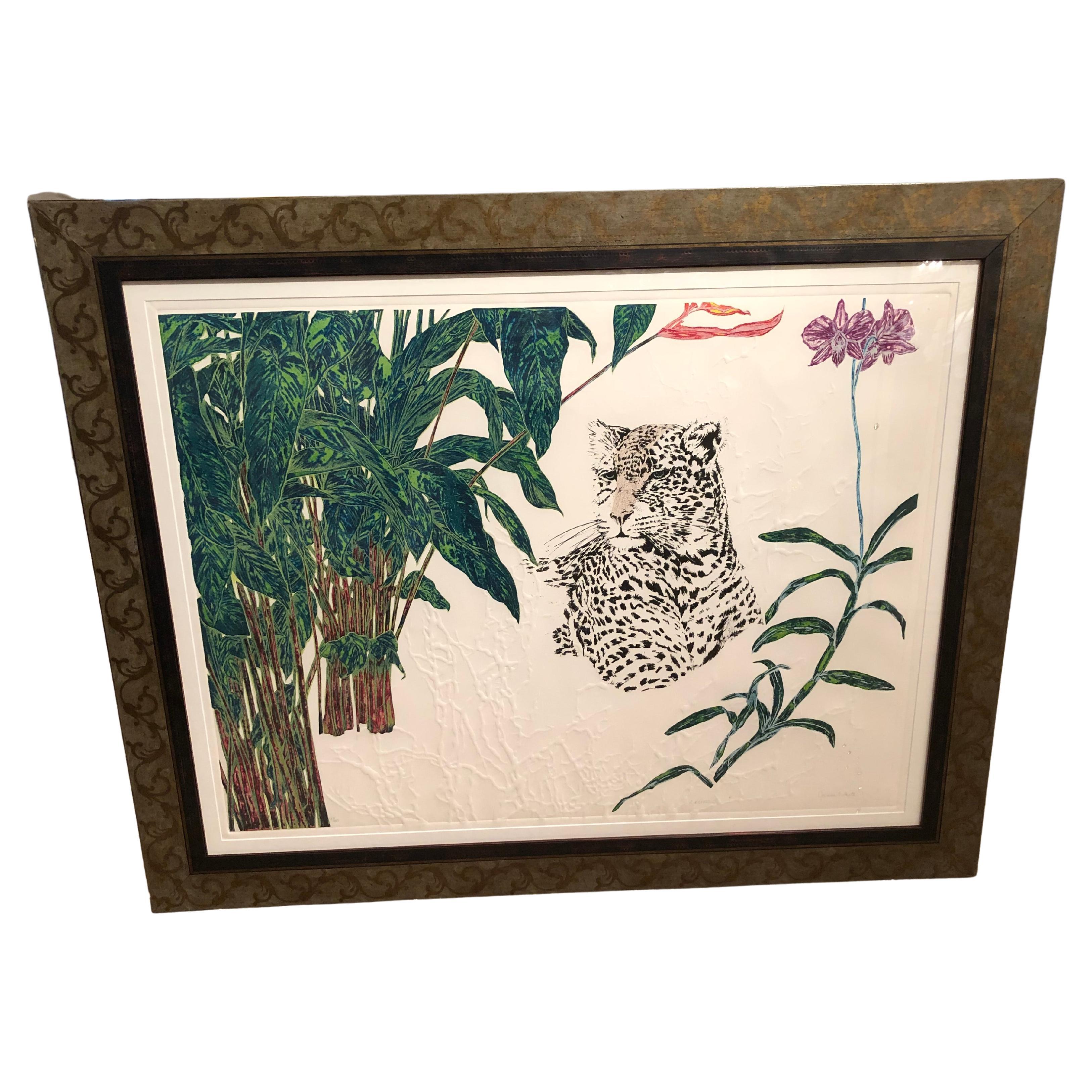 Striking Etching and Embossed Paper Art with Leopard For Sale