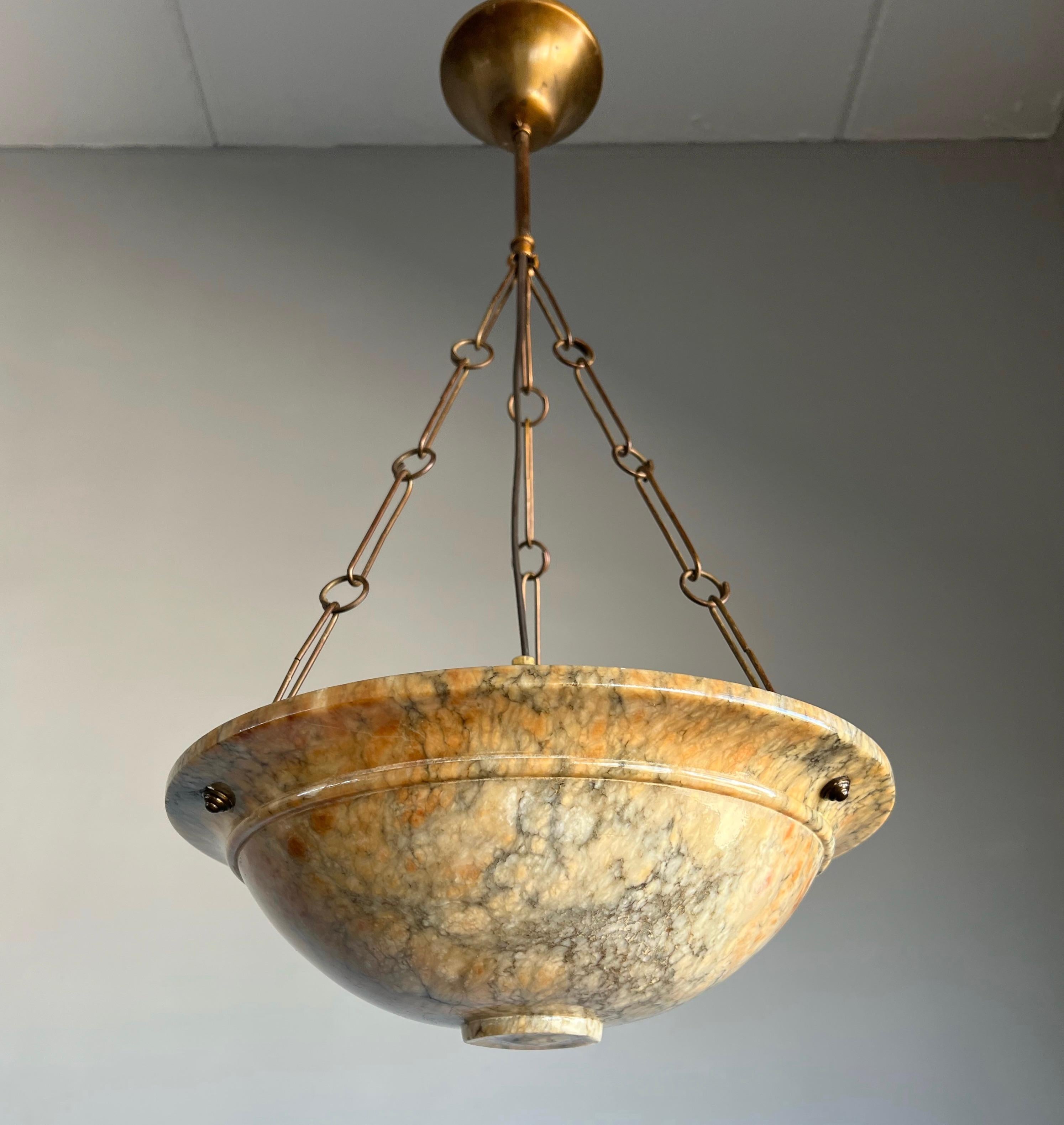 Brass Striking Example Art Deco Alabaster Pendant Light with a Lot of Black Veins 1920 For Sale