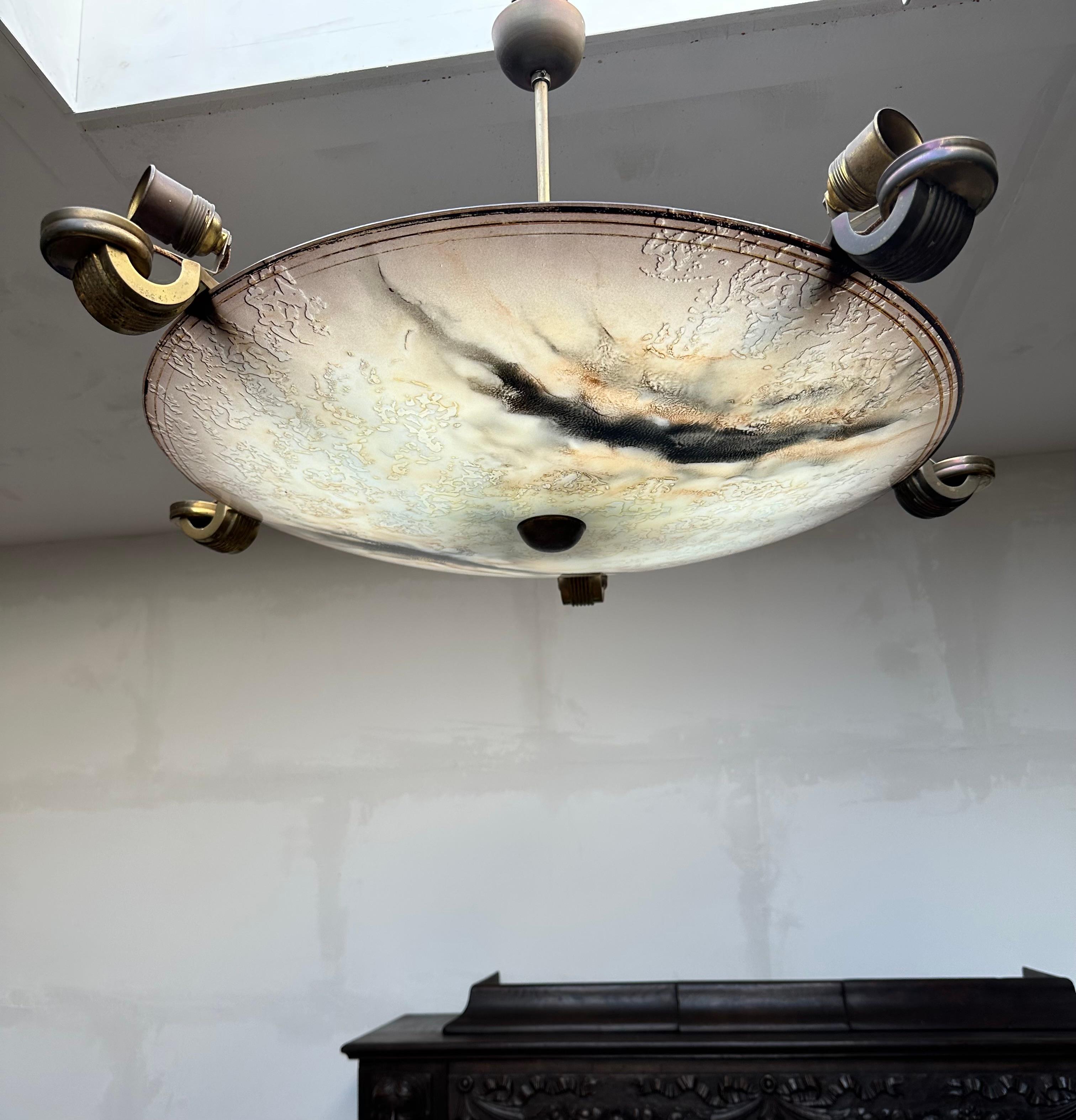 Striking & Extra Large Art Deco Glass Art & Brass Chandelier, Ten Light Pendant  For Sale 14