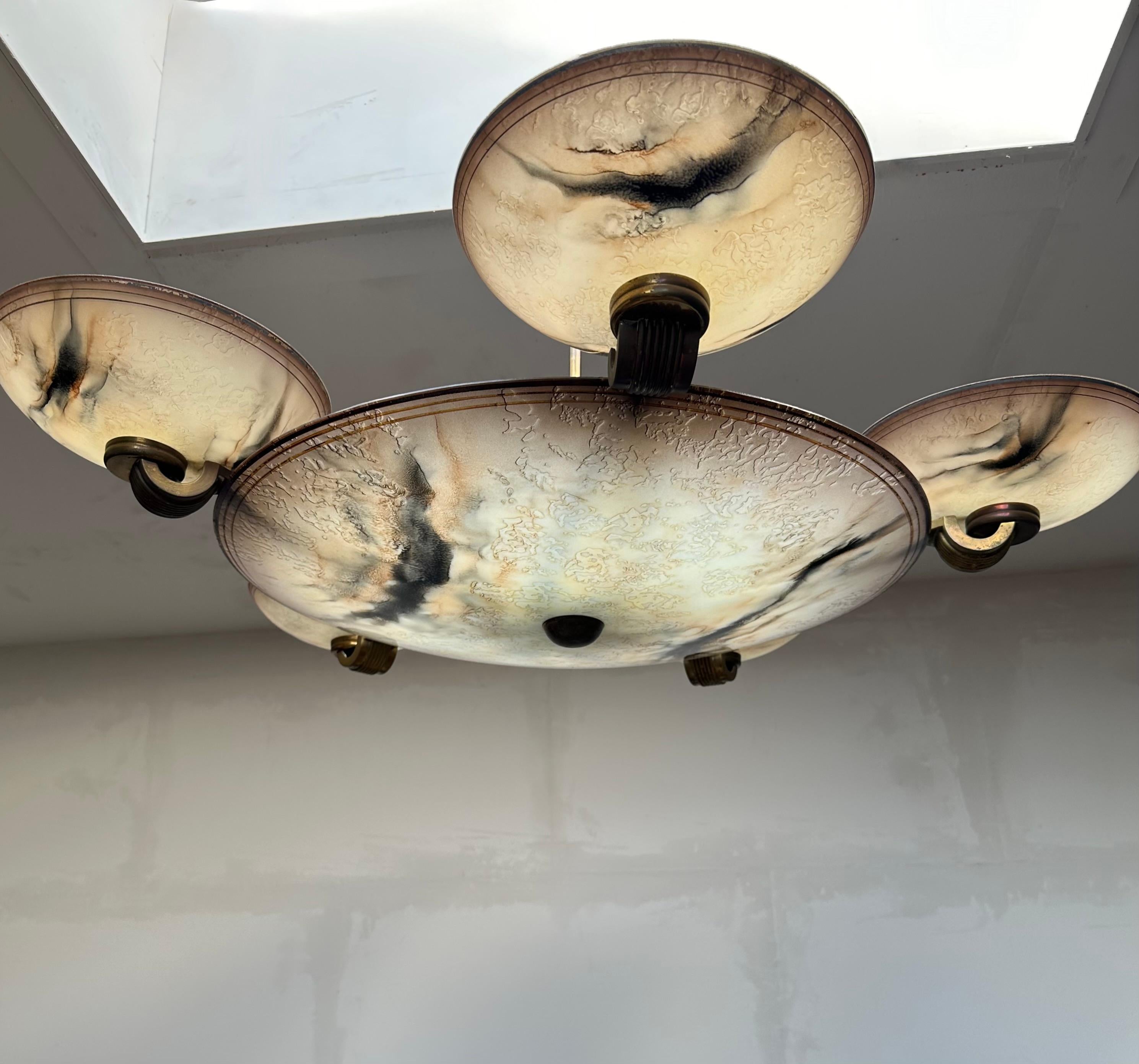 Striking & Extra Large Art Deco Glass Art & Brass Chandelier, Ten Light Pendant  In Good Condition For Sale In Lisse, NL