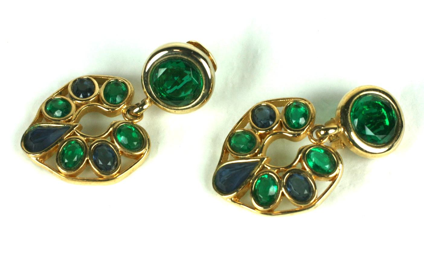 Striking Faux Emerald and Sapphire Ear Clips In Excellent Condition For Sale In New York, NY