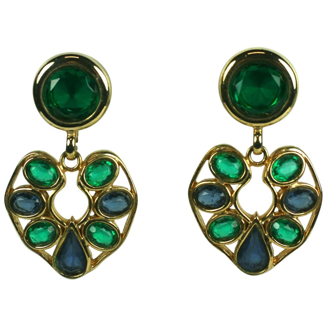 Striking Faux Emerald and Sapphire Ear Clips For Sale