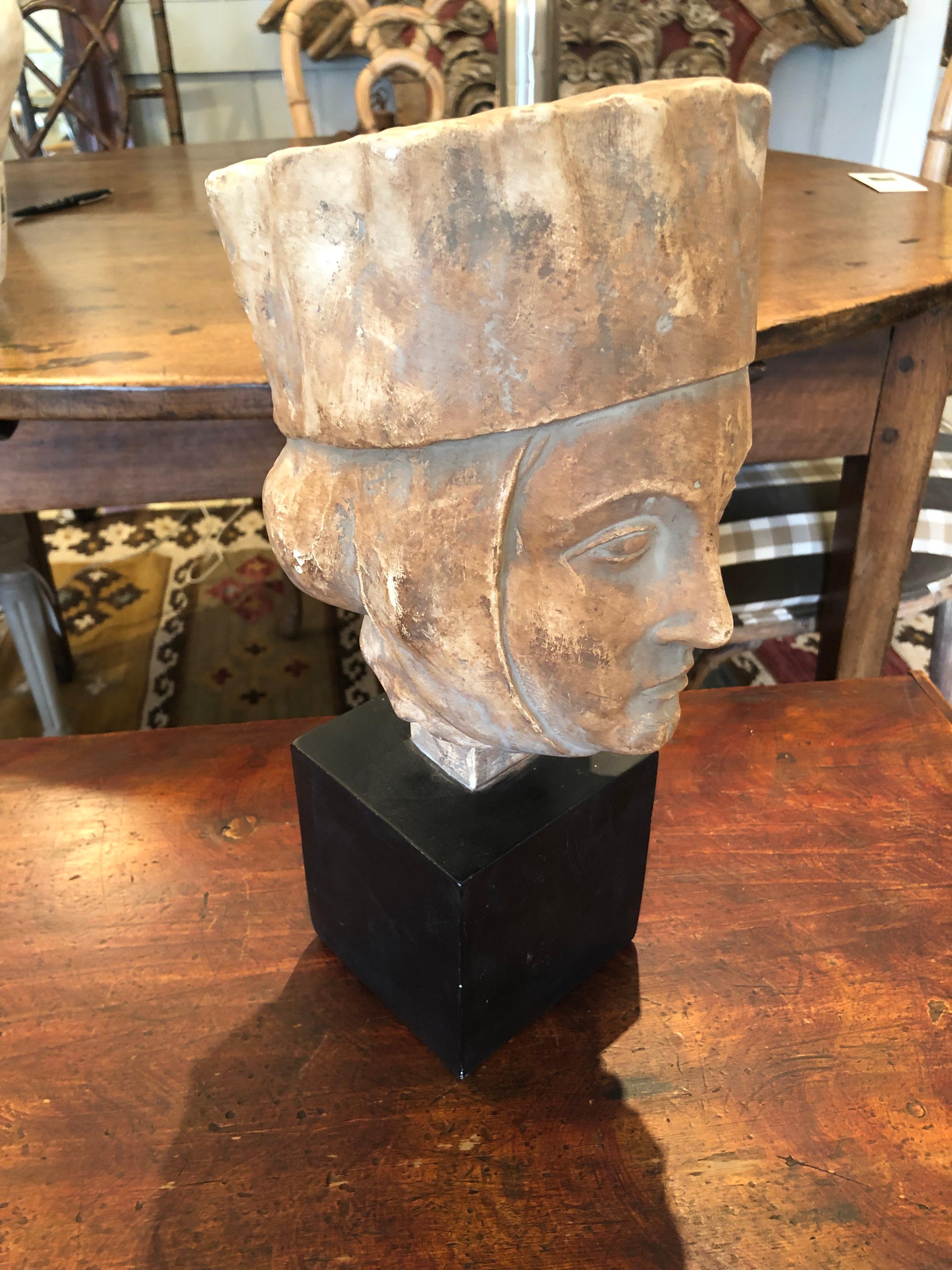 American Striking Female Bust of Saint or Princess on Black Cube For Sale