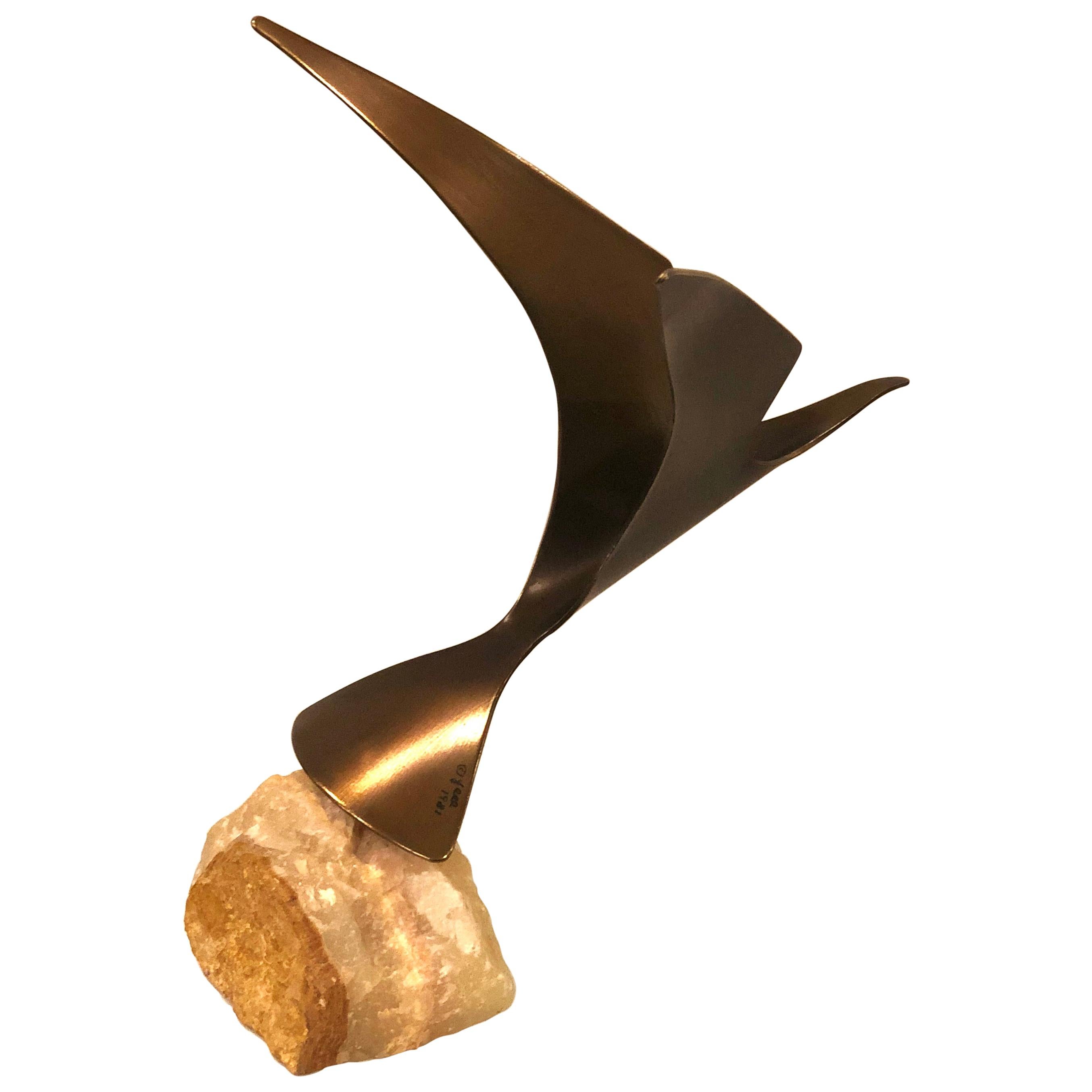 Striking Flying Bird Sculpture by Curtis Jere Brass Finish Signed and Dated 1981
