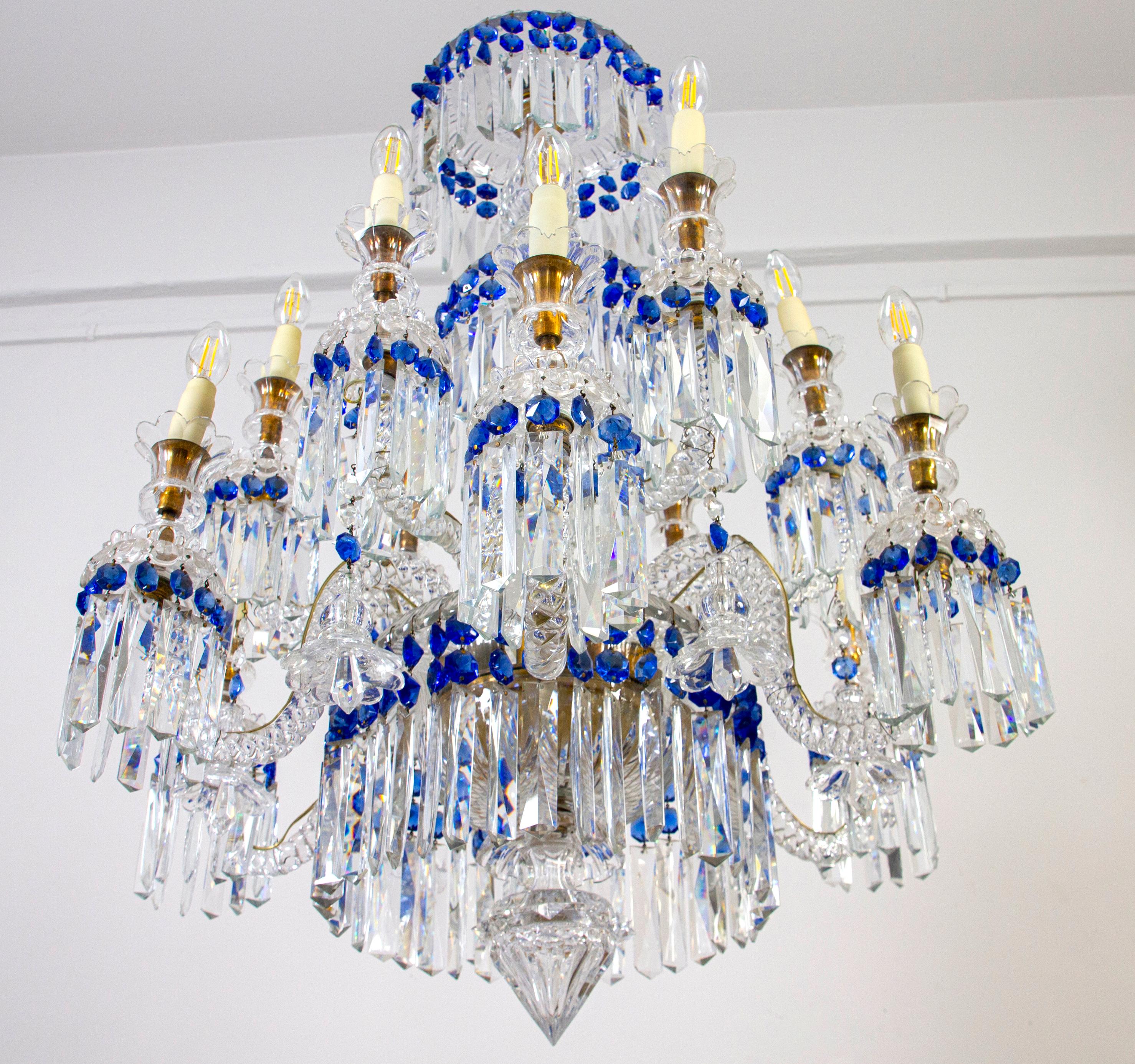 Cristallo francese trasparente e blu di grande effetto  Lampadario 1940' 4