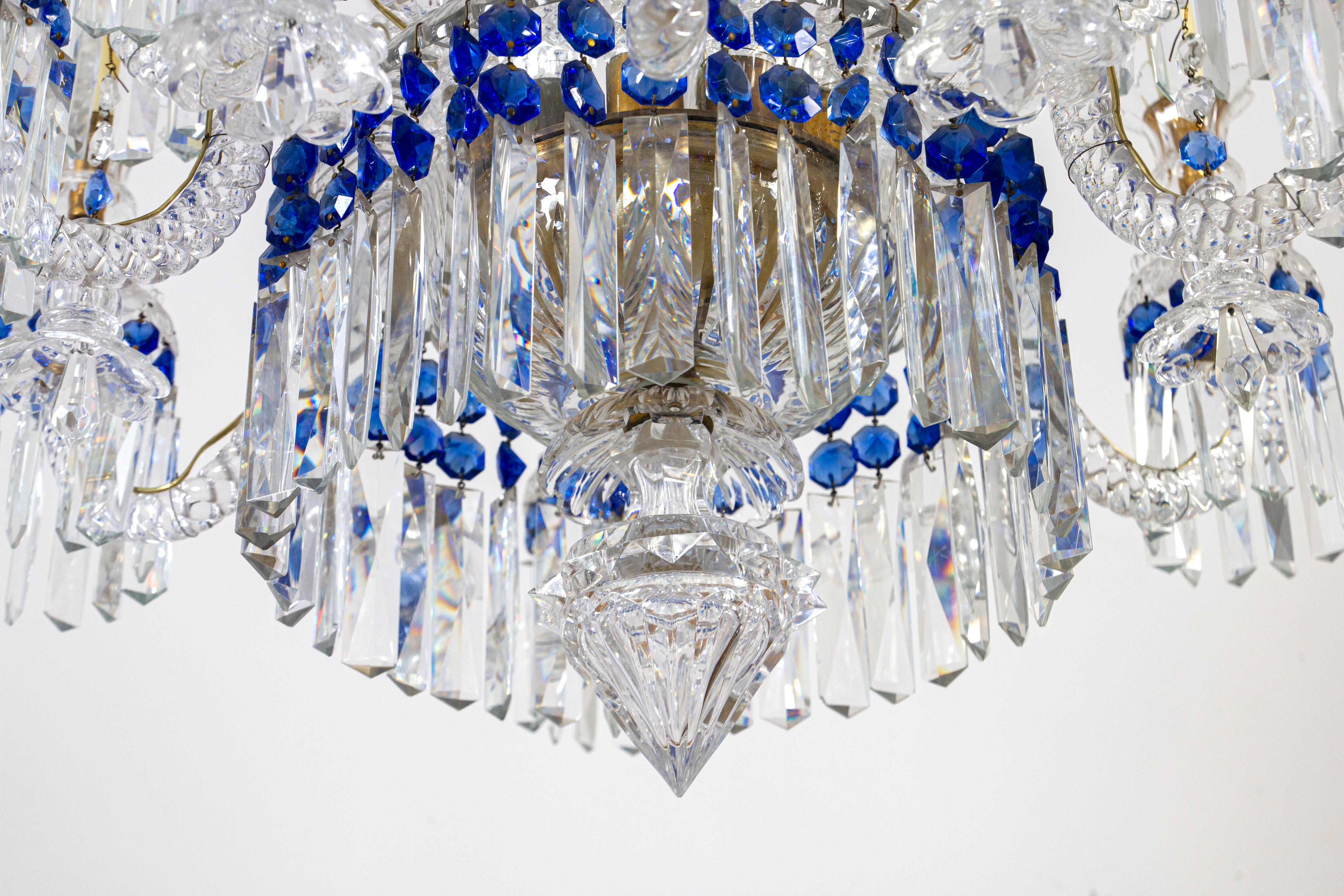 Cristallo francese trasparente e blu di grande effetto  Lampadario 1940' 5