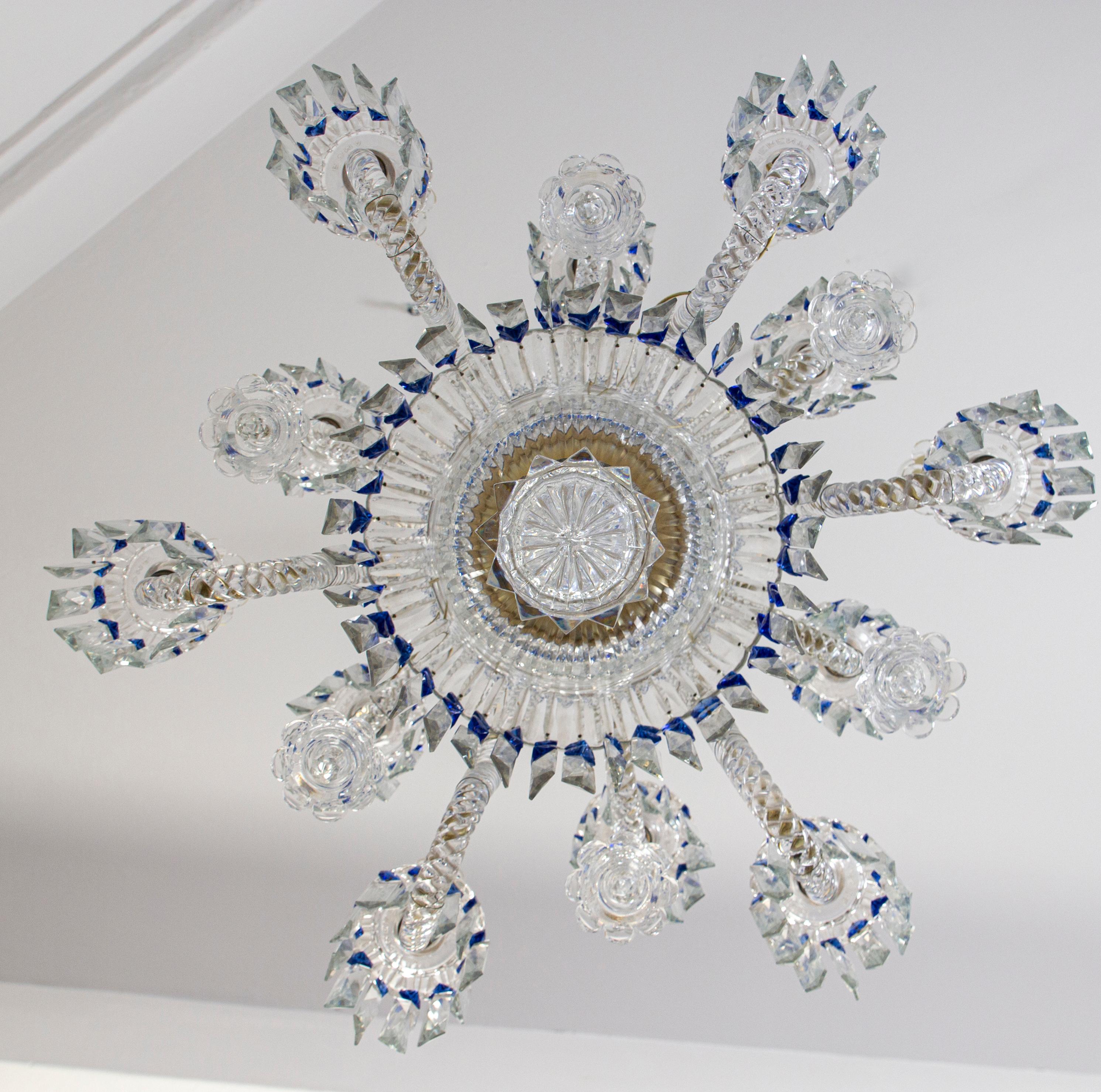 Cristallo francese trasparente e blu di grande effetto  Lampadario 1940' 2