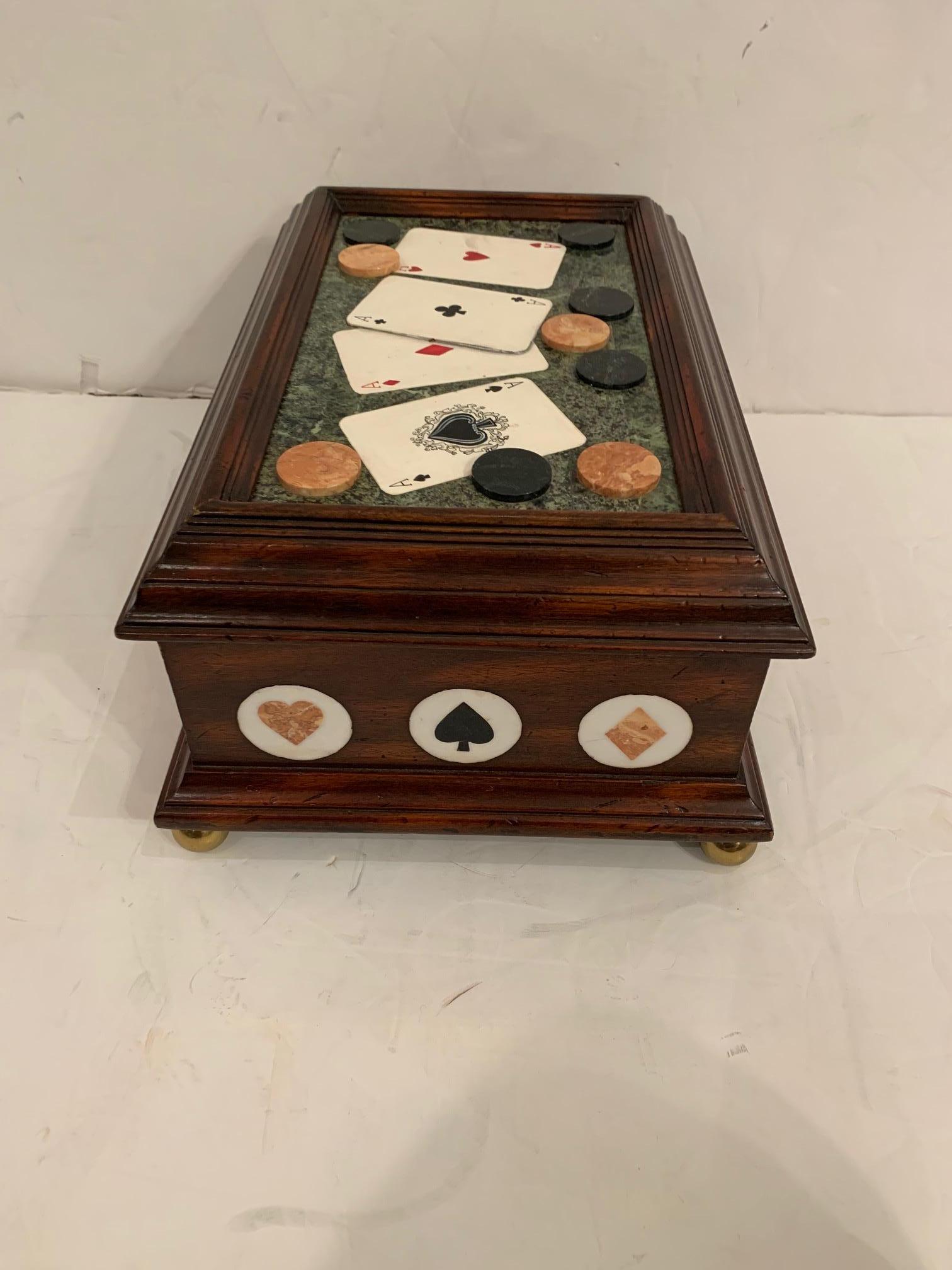 Sensational rare and unusual poker game box by Maitland Smith, beautifully made sitting on 4 brass feet having interior mirror inside. Outside has hand painted cards, marble poker chips and inset marble playing card suits.