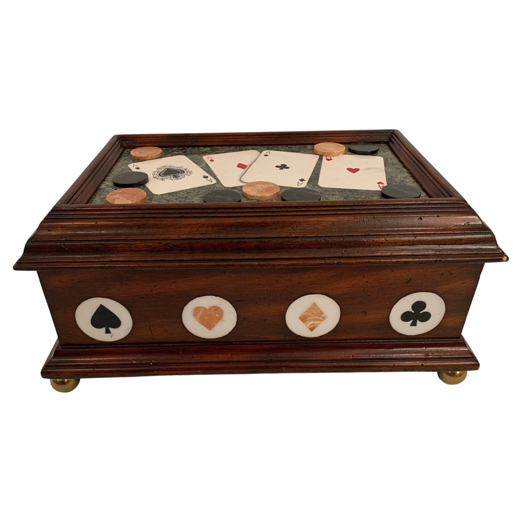 Striking Game Motife Box Decorated with Painted Cards For Sale
