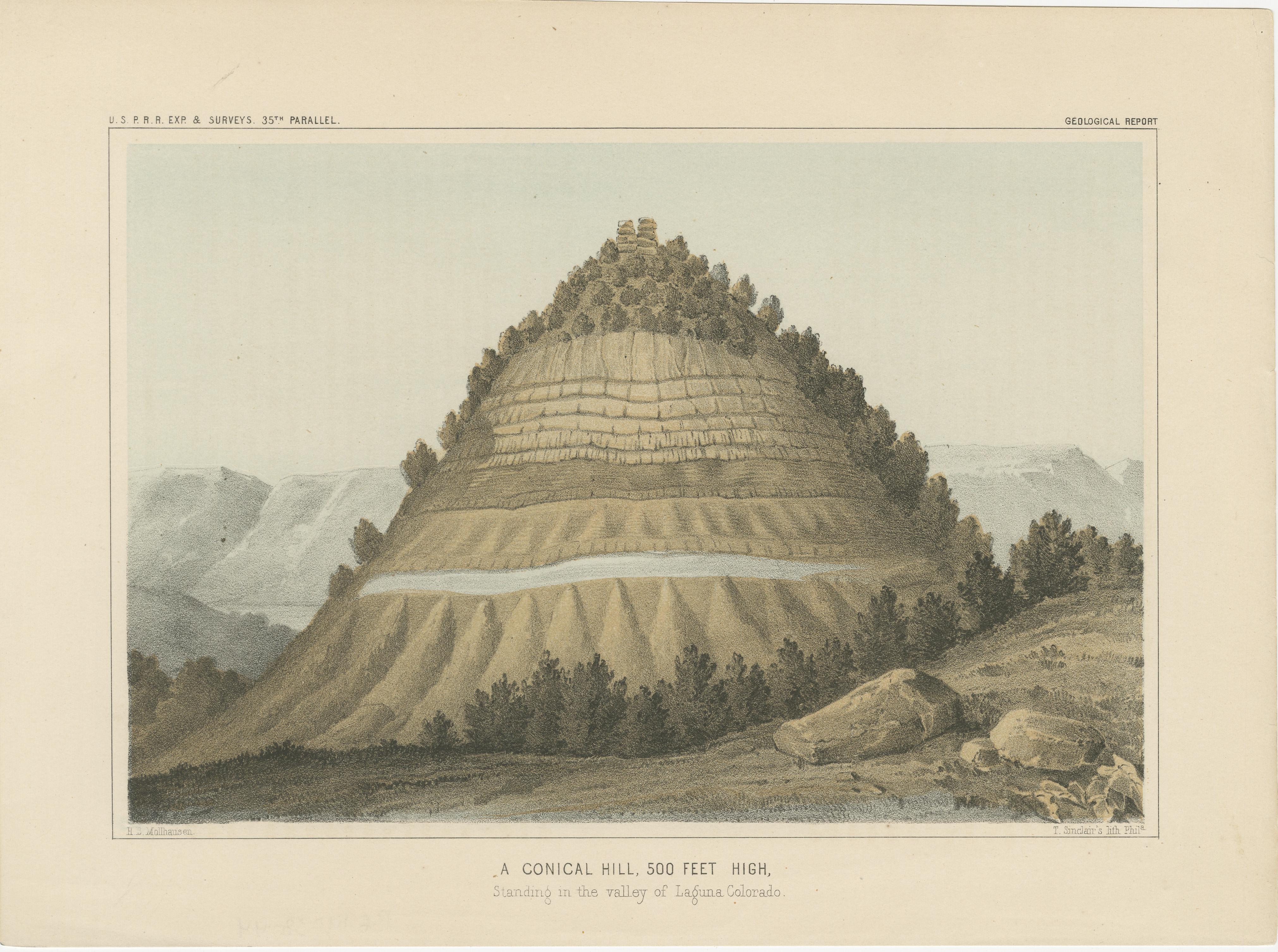 Title: Striking Geological Illustration of a Conical Hill in the Laguna Colorado Valley  

Description: This captivating lithograph showcases a 500-foot conical hill located in the picturesque valley of Laguna Colorado. Its symmetrical structure,