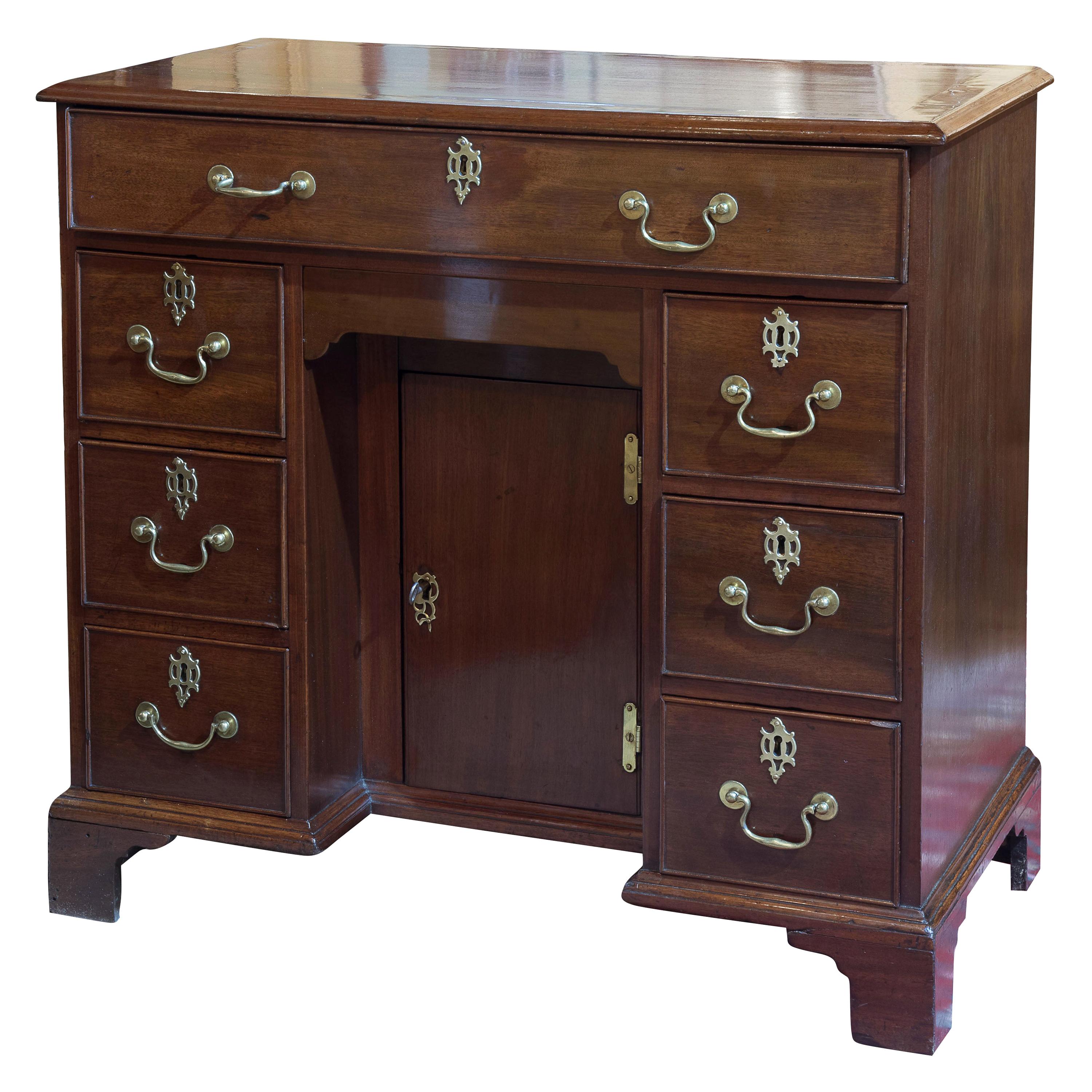 Striking George III Mahogany Kneehole Desk with Original Hardware For Sale