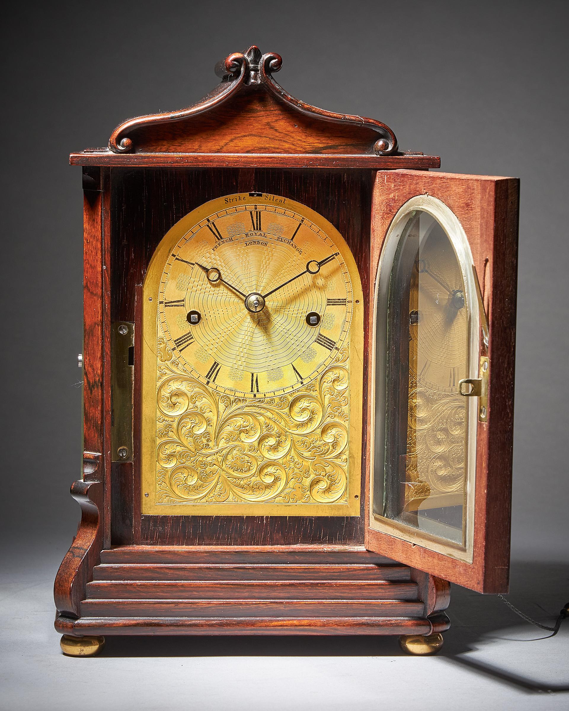 Brass Striking George IV Eight-Day Rosewood Pagoda Library Clock by French, London For Sale