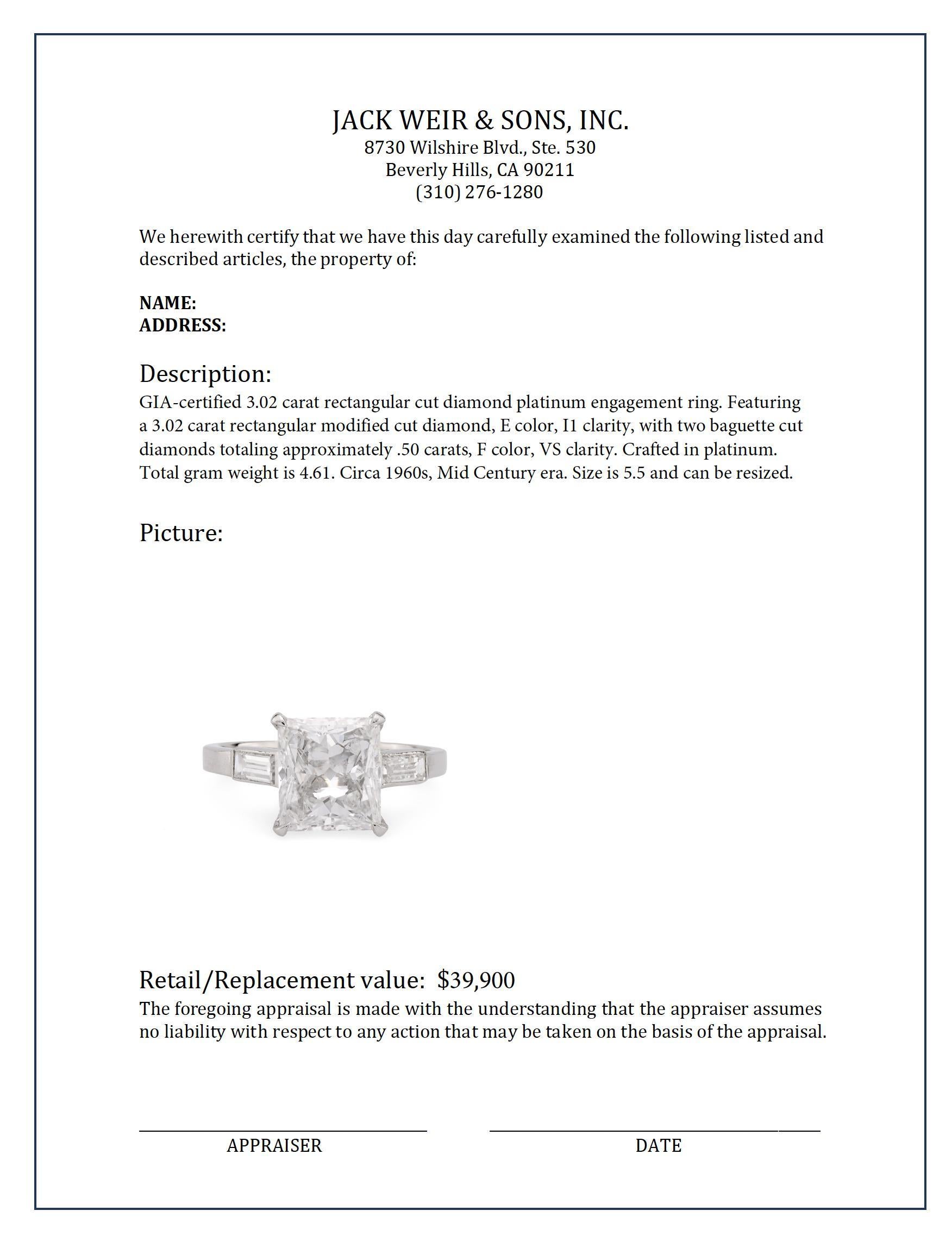 Women's or Men's Striking GIA 3.02 carat rectangular cut diamond platinum engagement ring