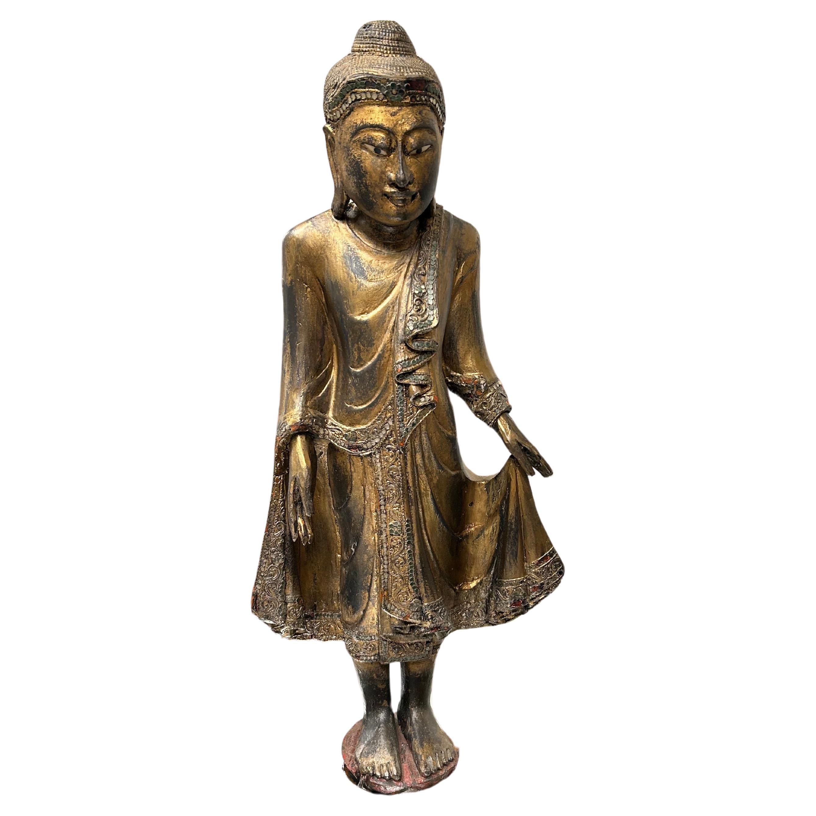 Gilded Teak Mandalay Standing Buddha - Ca 1930's Gilded Teak Mandalay Standing Buddha - Ca 1930's