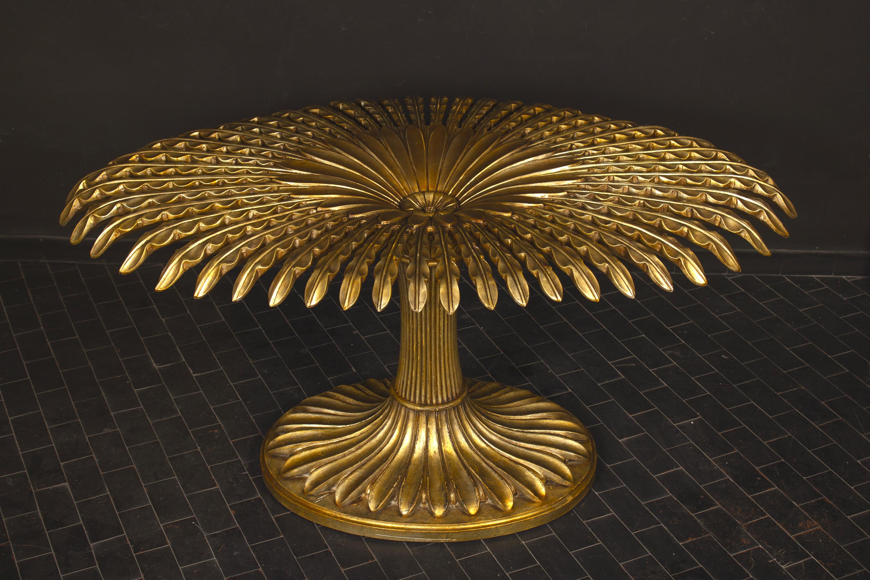 Mid-Century Modern Striking Giltwood Palm Sculpture Dining or Center Table, Italy, 1970