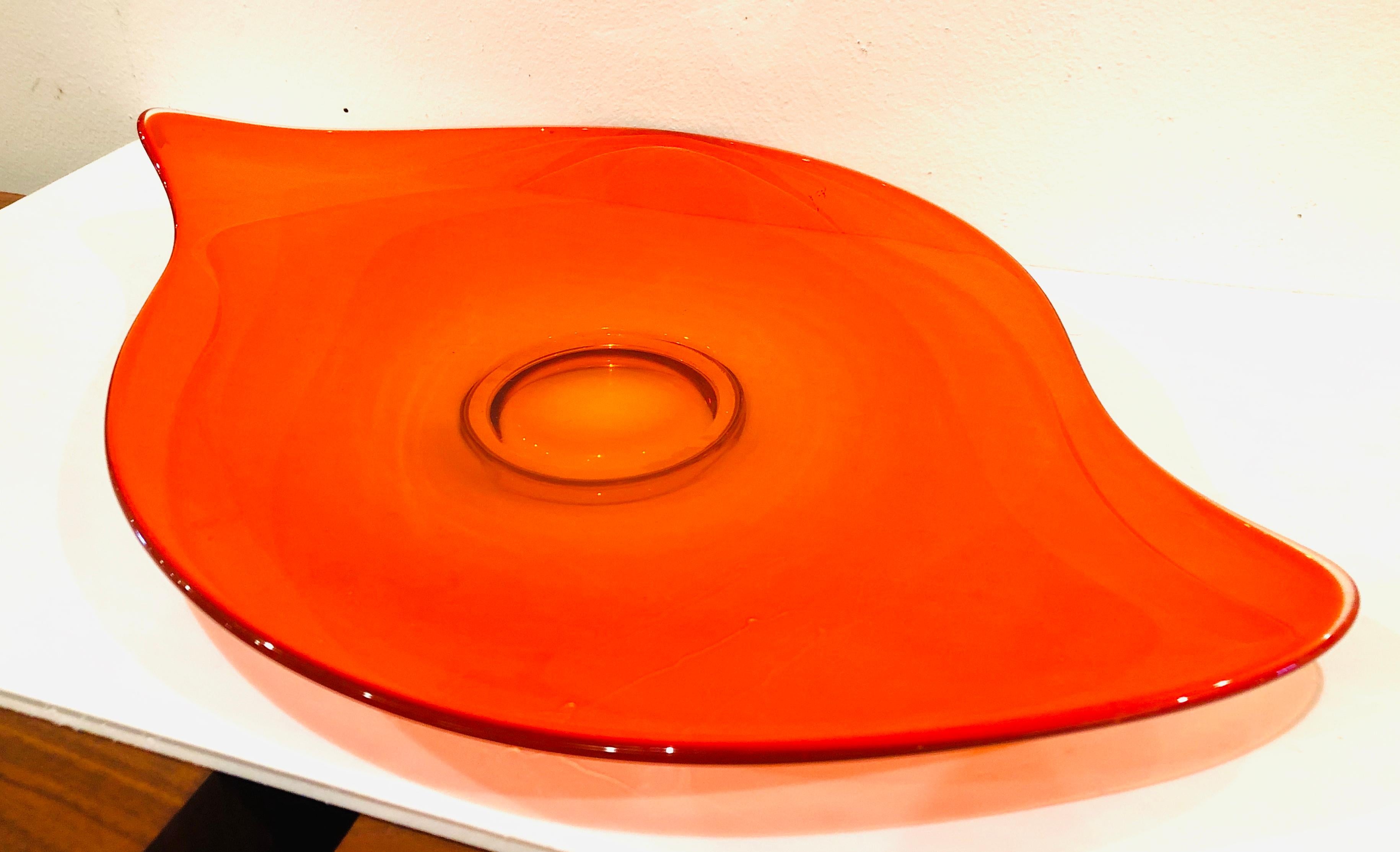 Space Age Striking Glass Centerpiece Decorative S-Shape Plate in Orange Yellow