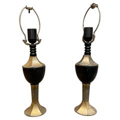 Striking Gold Chalice Table Lamps Black Wood Accent 1960s Mexico Modernism