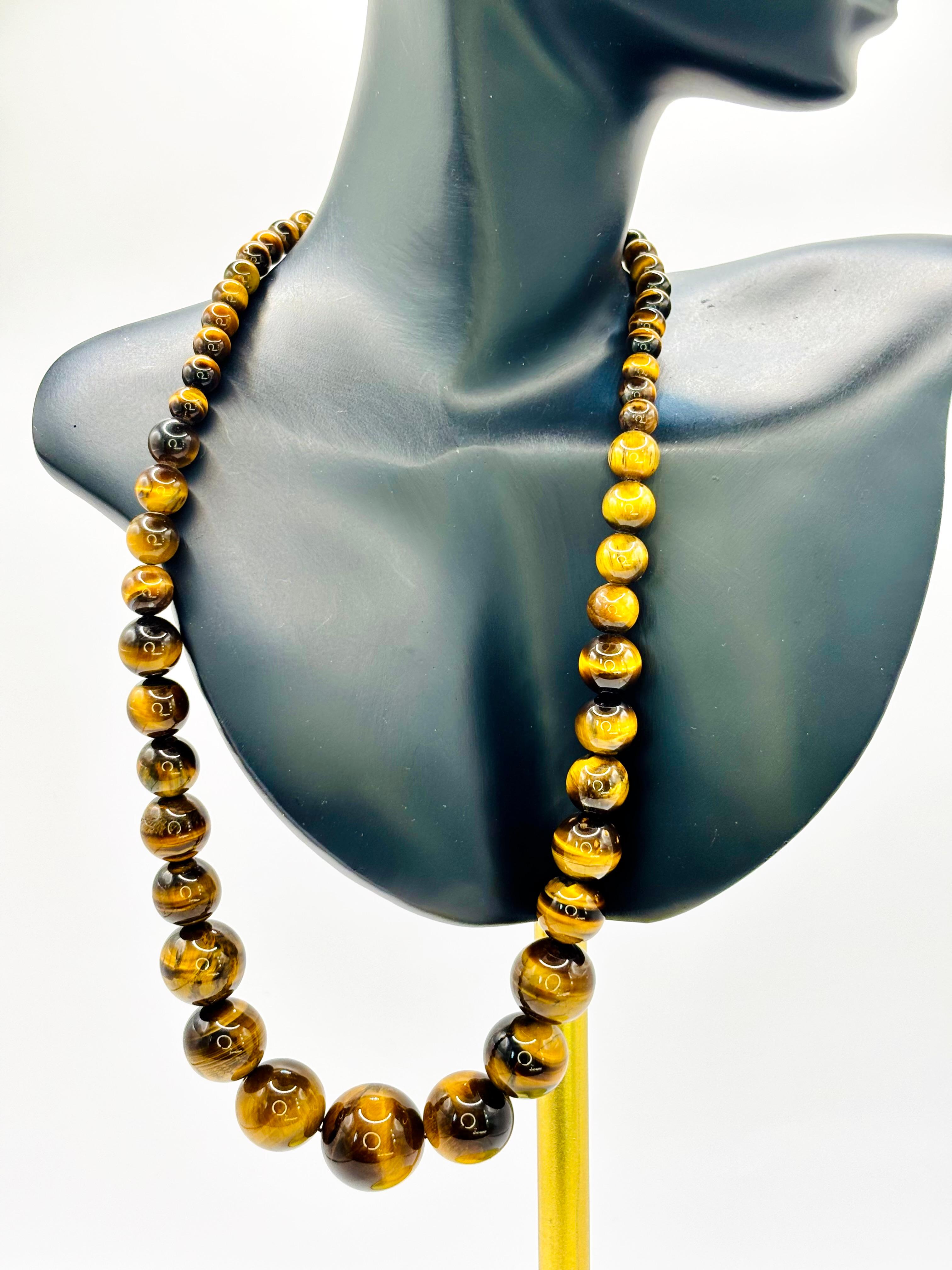 Graduated Tigers Eye Bead Necklace, Sterling Silver, 1990s, 68g