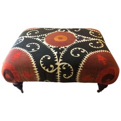 Striking Graphic Ottoman Upholstered in Vintage Suzani Wedding Cloth