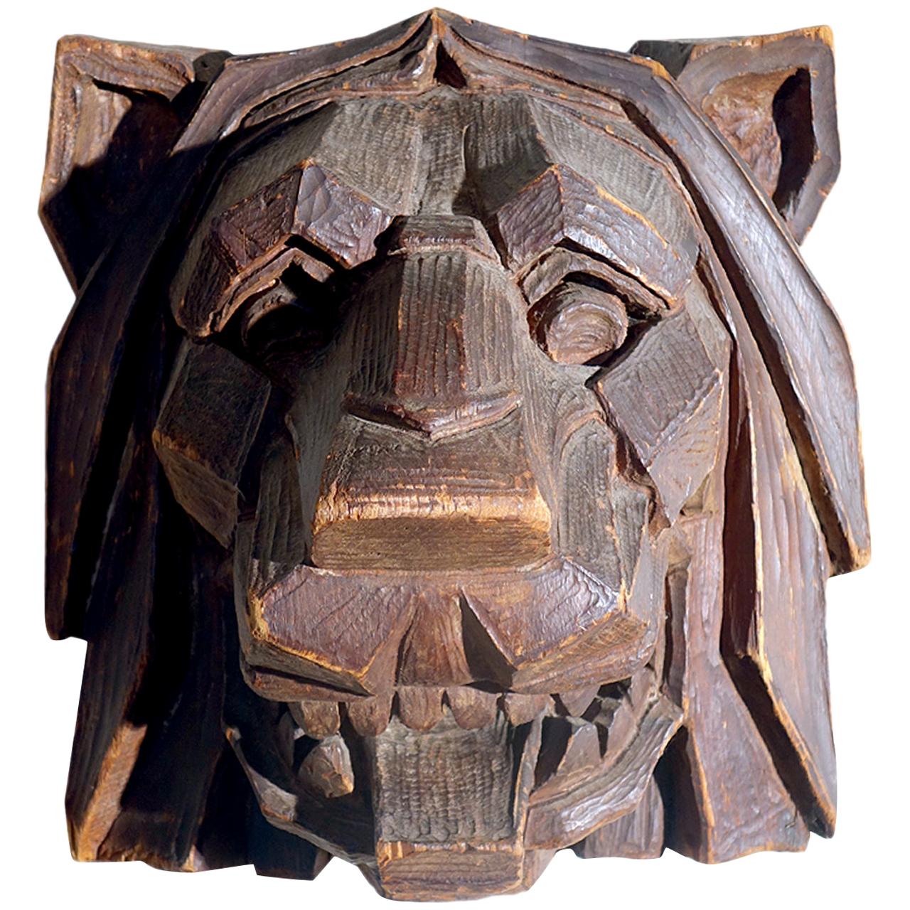 Striking Hand Carved Art Deco Lions Head