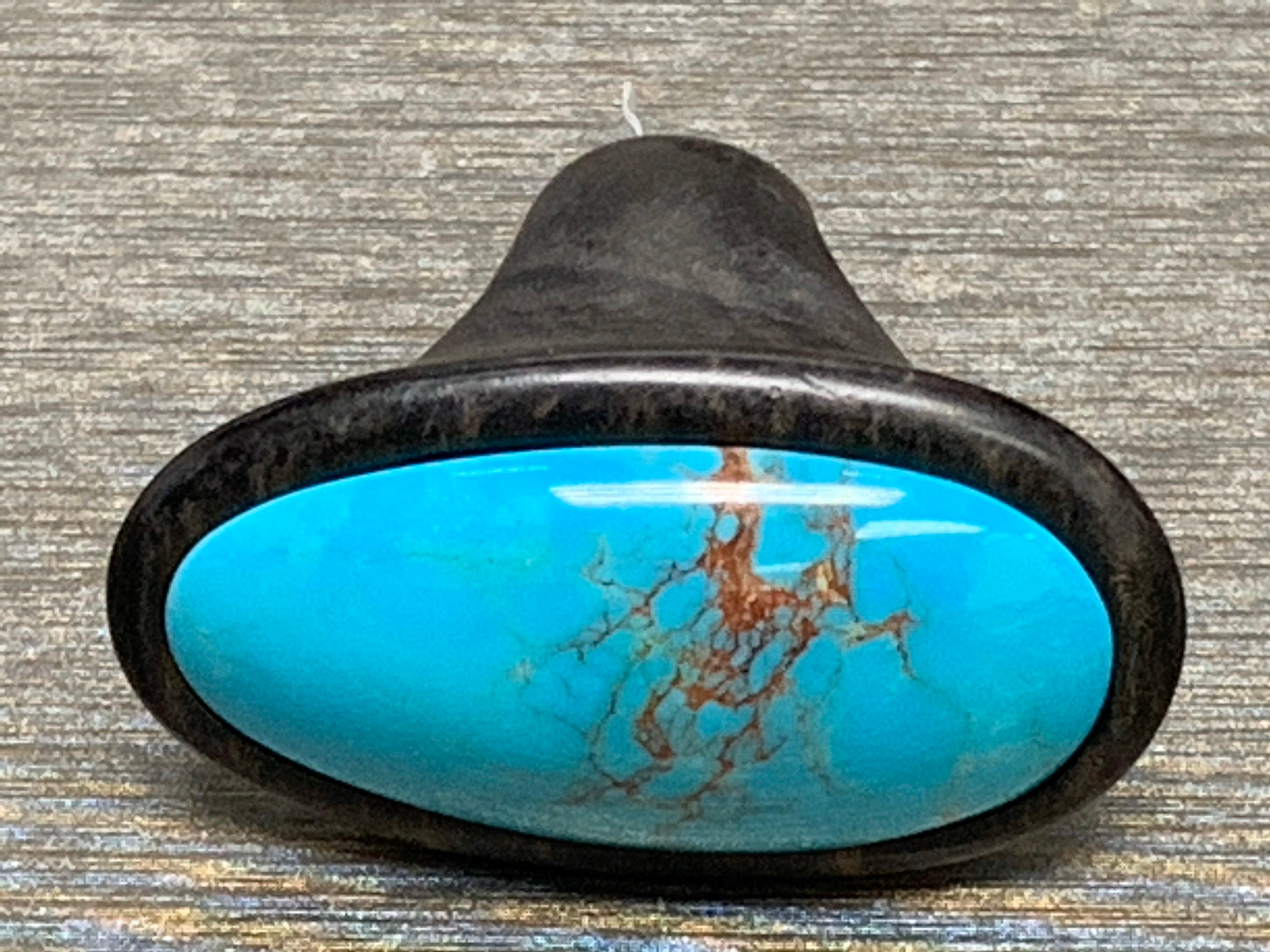 Artisan Oval Turquoise, Ebony Wood Ring For Sale