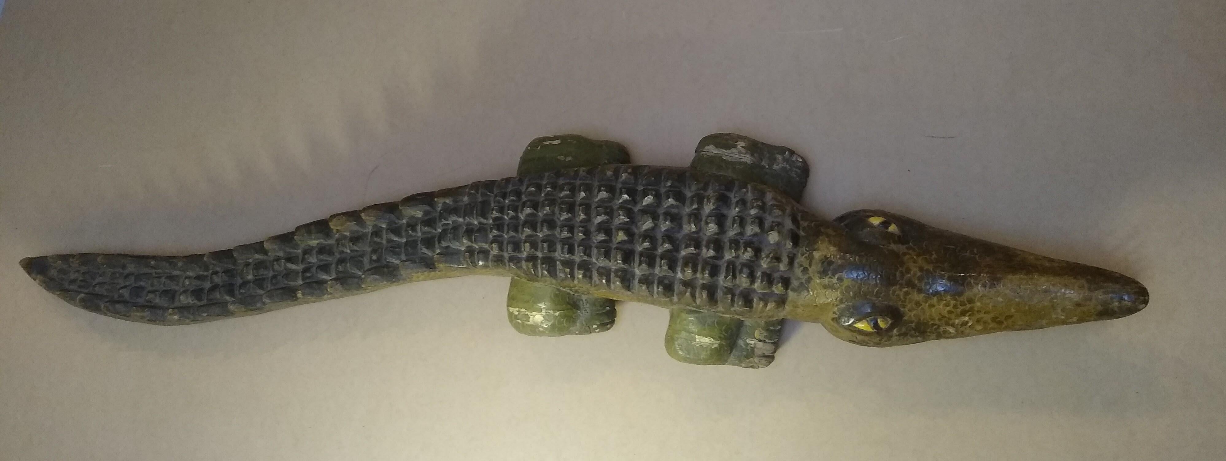 Folk Art Striking Hand carved large wood Sculpture of Crocodile from Mexico For Sale