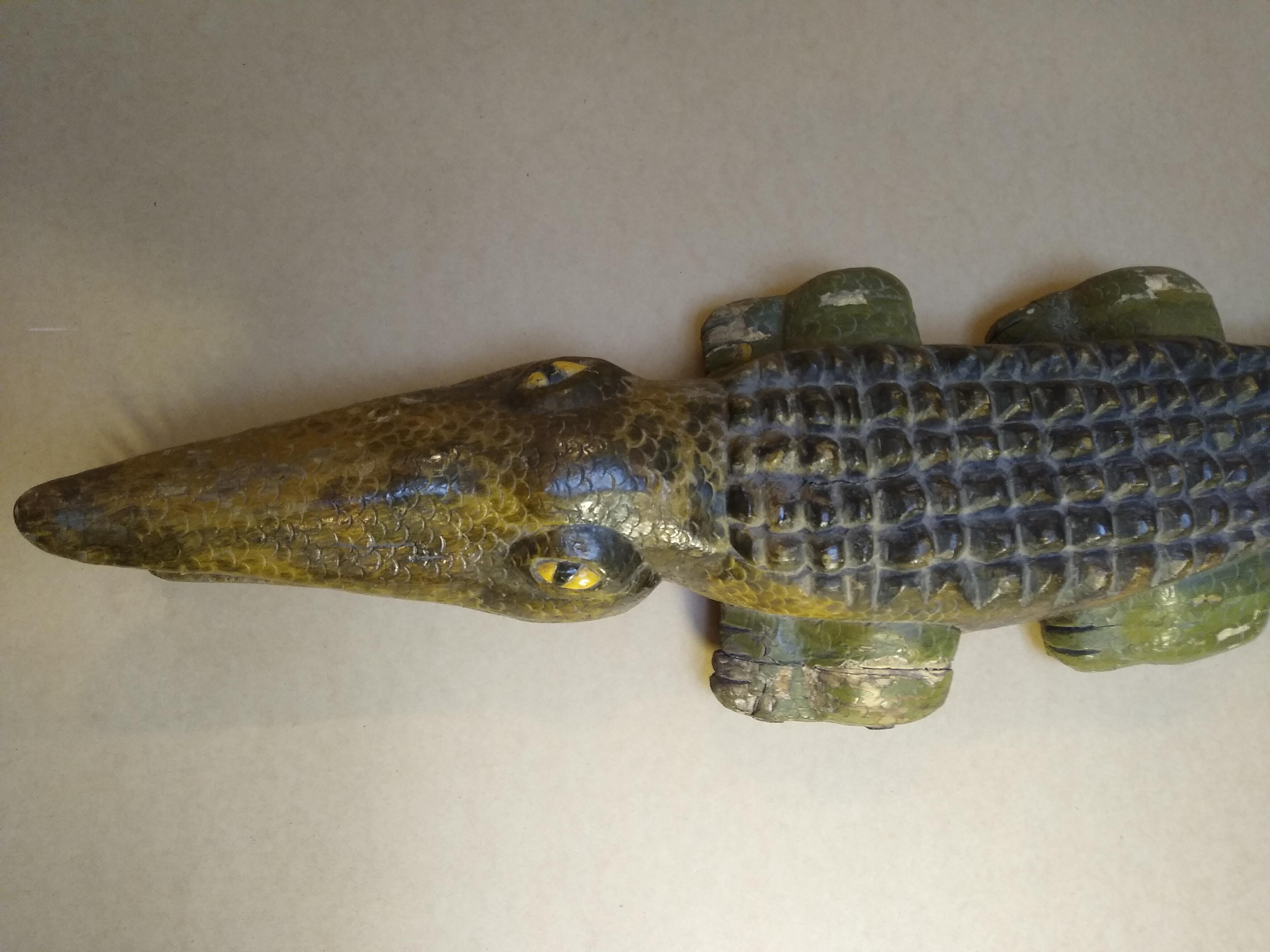 Mexican Striking Hand carved large wood Sculpture of Crocodile from Mexico For Sale