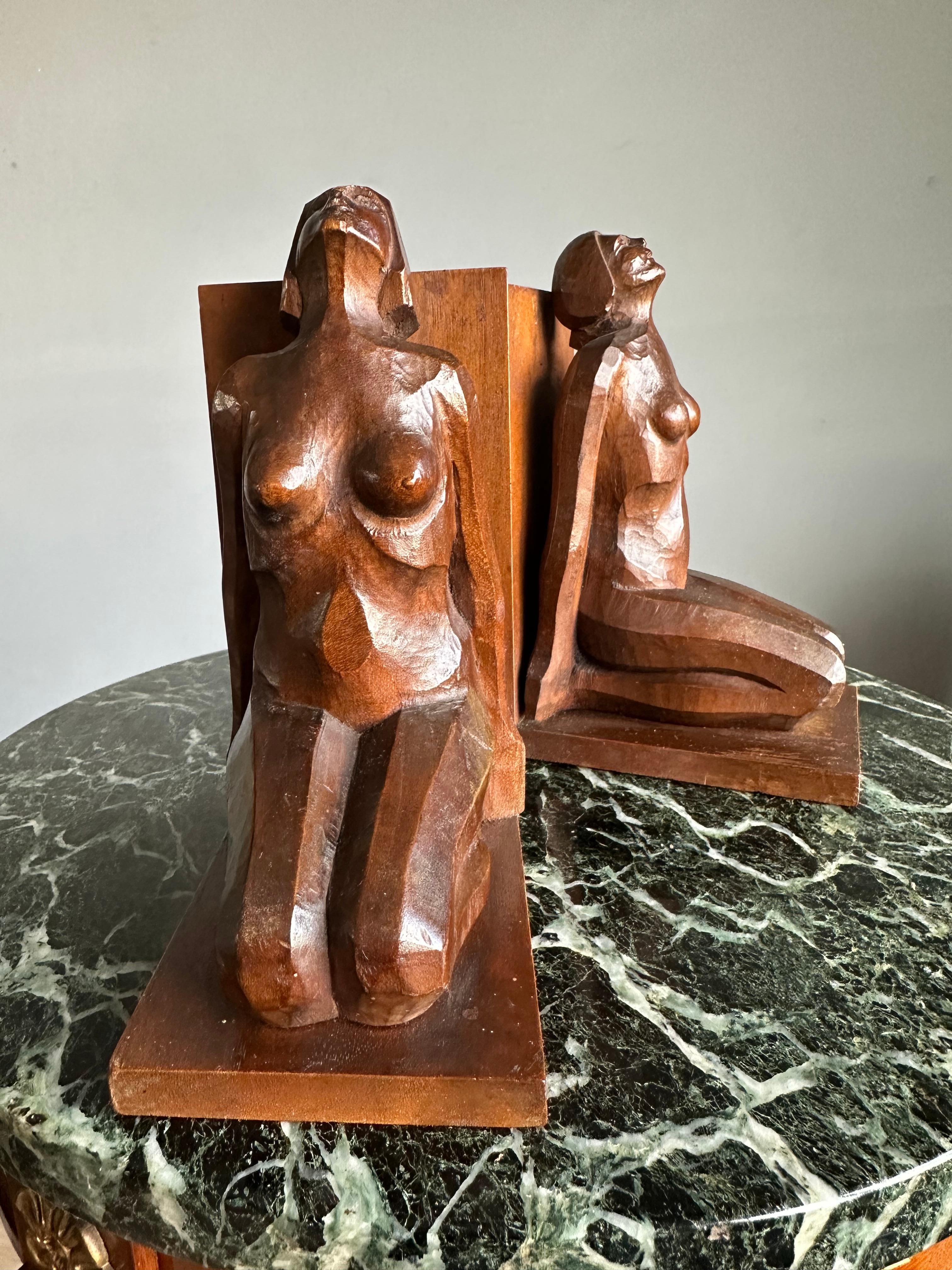 Striking & Hand Carved, Stylized Wooden Art Deco Nude Female Sculpture Bookends For Sale 3