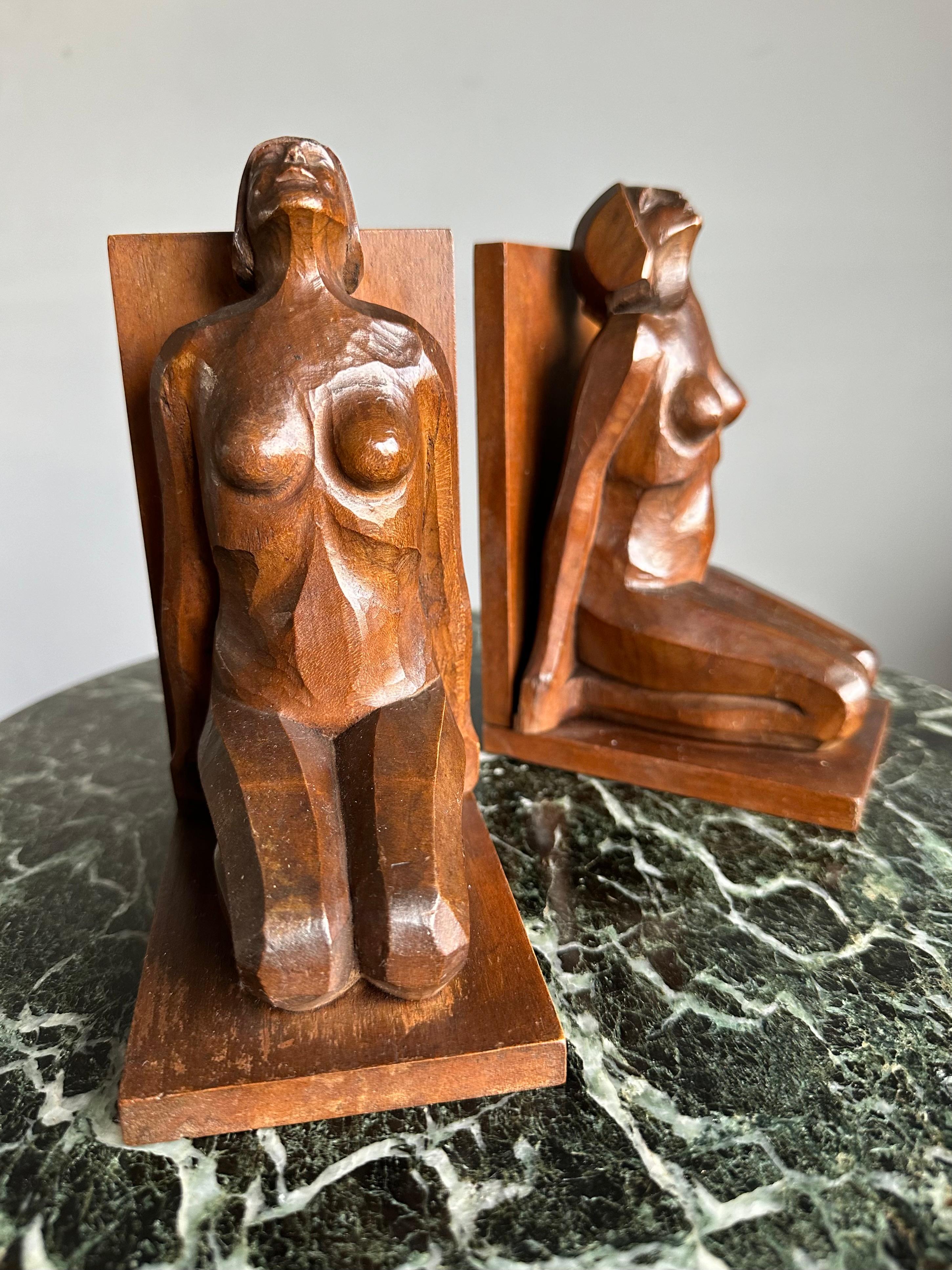 Striking & Hand Carved, Stylized Wooden Art Deco Nude Female Sculpture Bookends For Sale 4