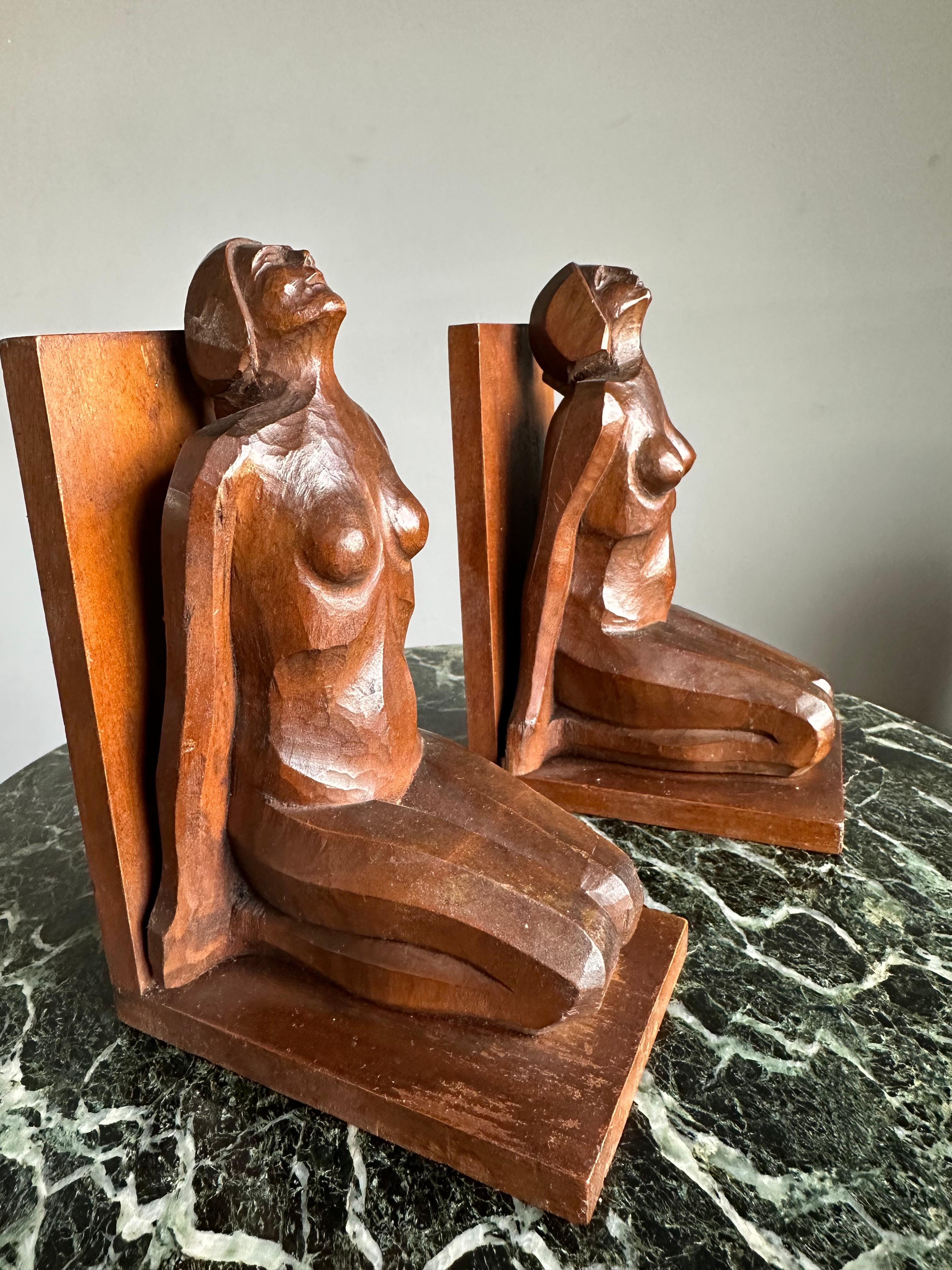 Striking & Hand Carved, Stylized Wooden Art Deco Nude Female Sculpture Bookends For Sale 5