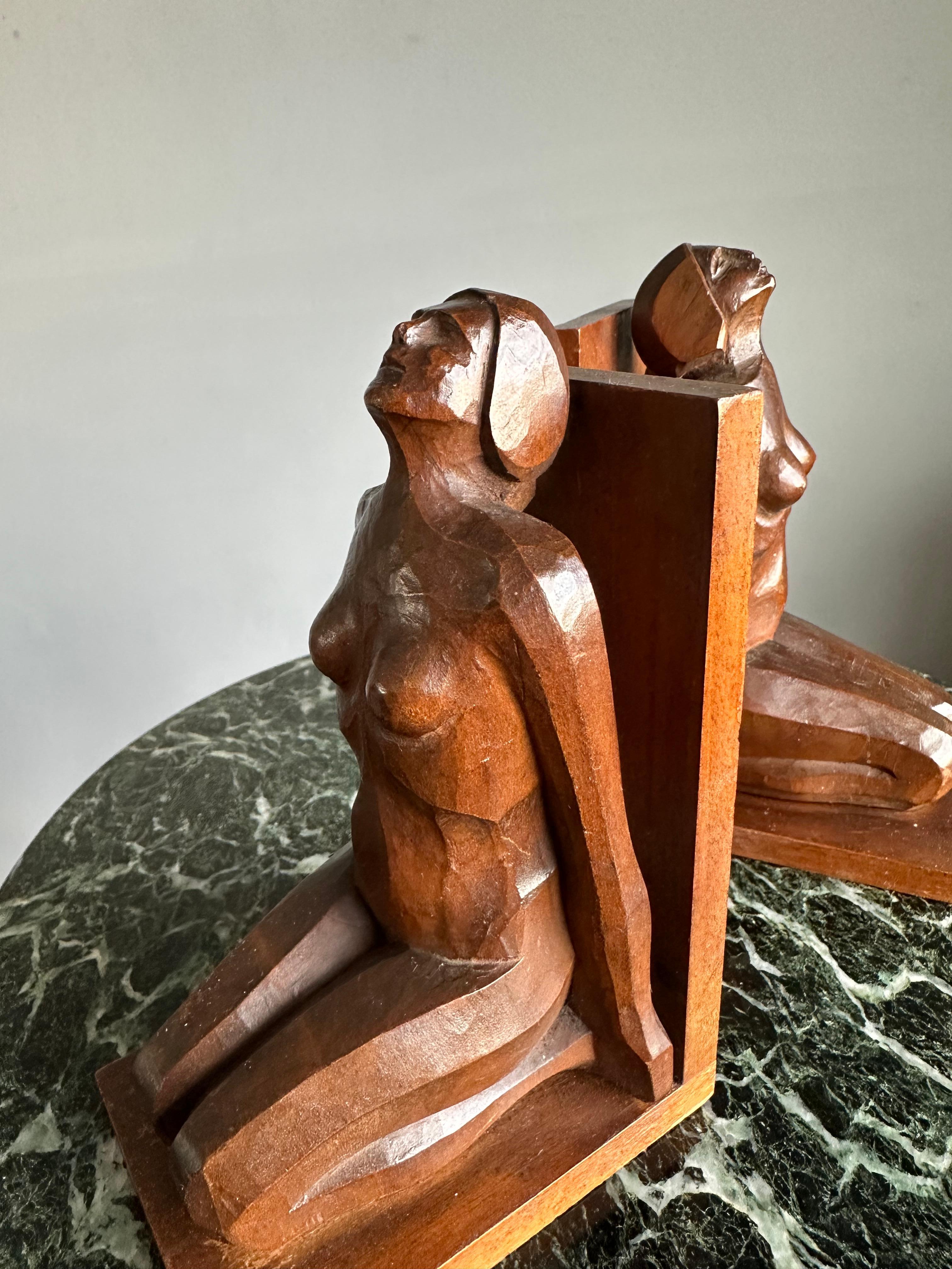 Striking & Hand Carved, Stylized Wooden Art Deco Nude Female Sculpture Bookends For Sale 6