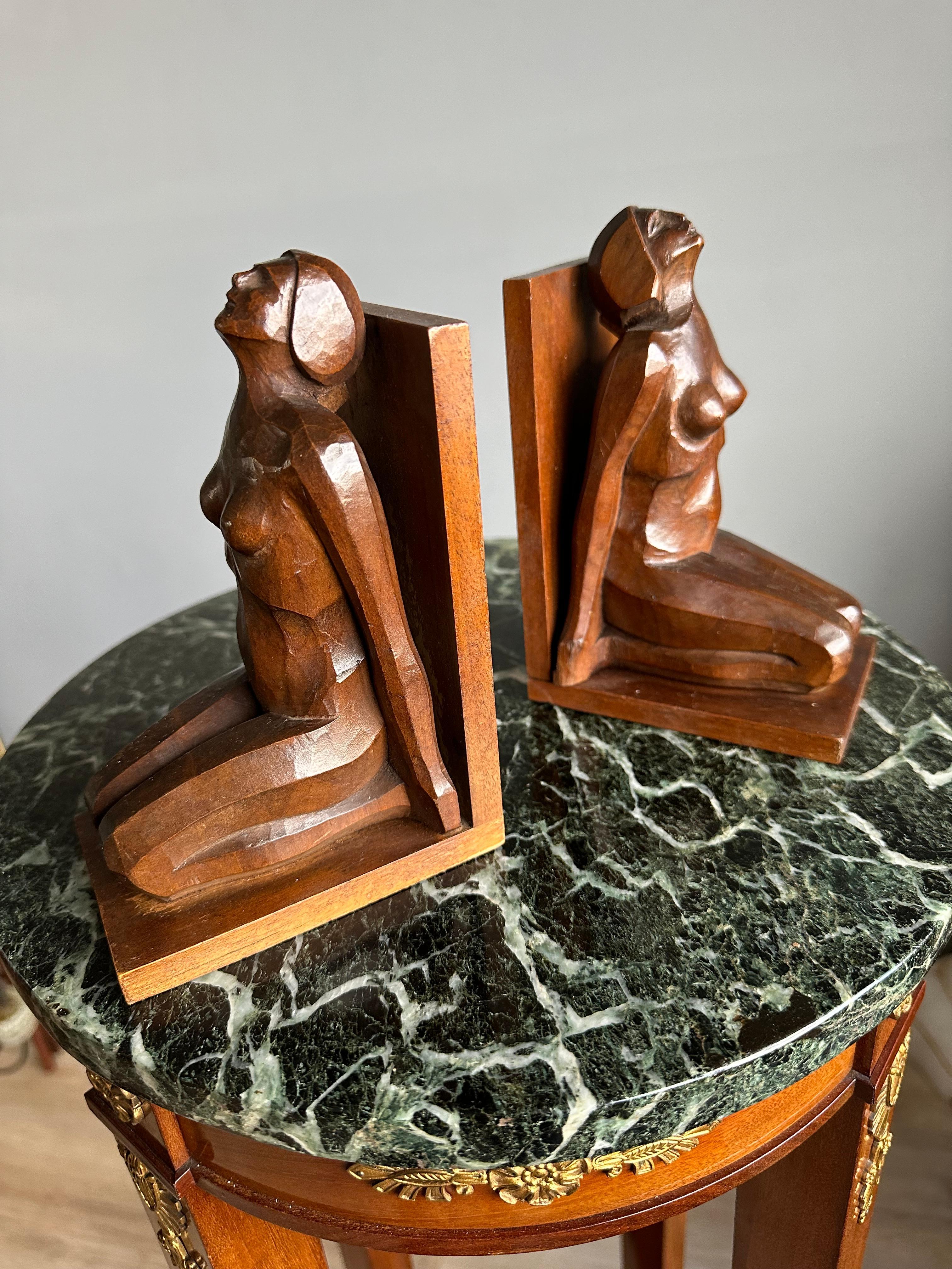 Striking & Hand Carved, Stylized Wooden Art Deco Nude Female Sculpture Bookends For Sale 7