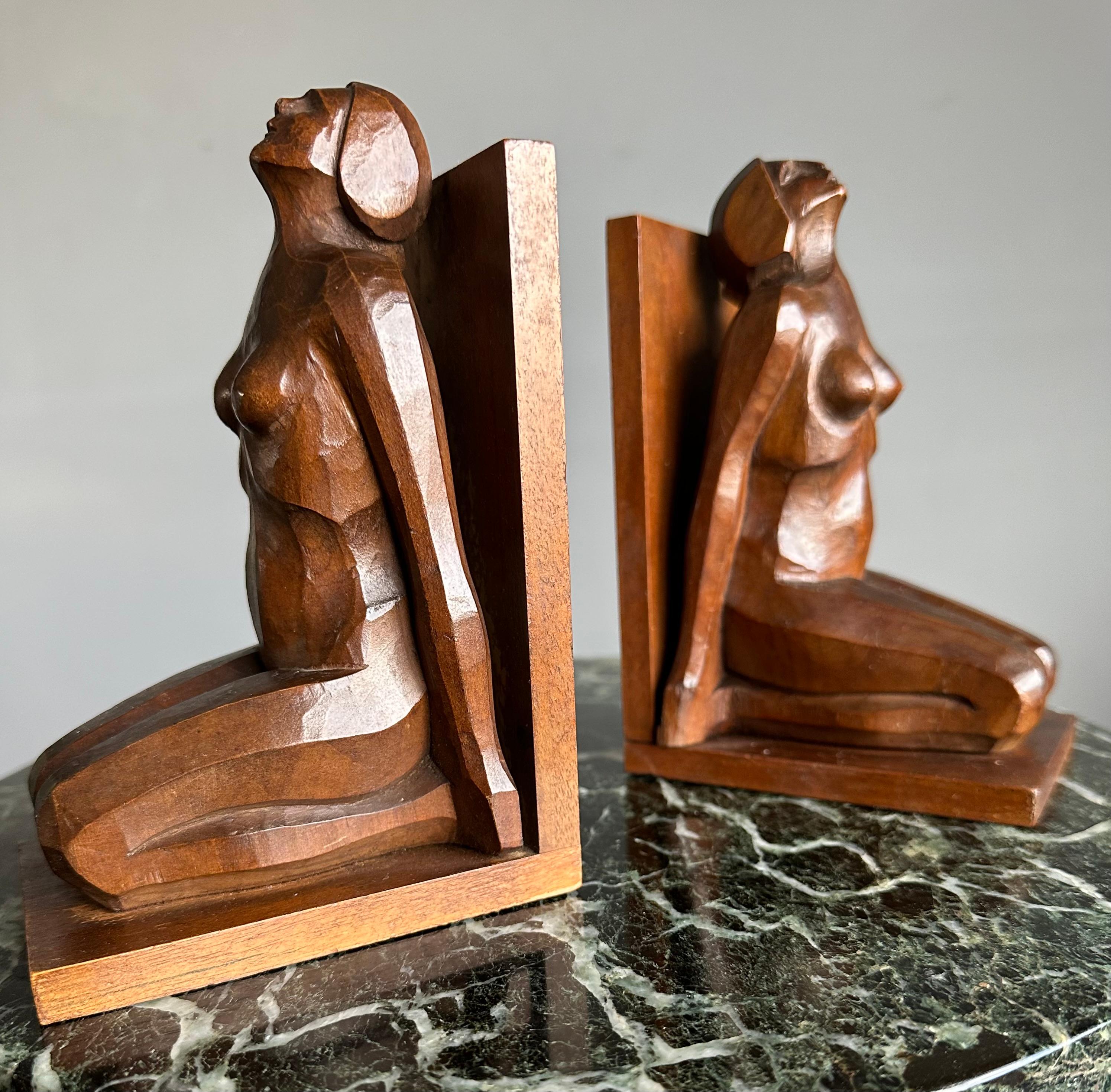 Striking & Hand Carved, Stylized Wooden Art Deco Nude Female Sculpture Bookends For Sale 8