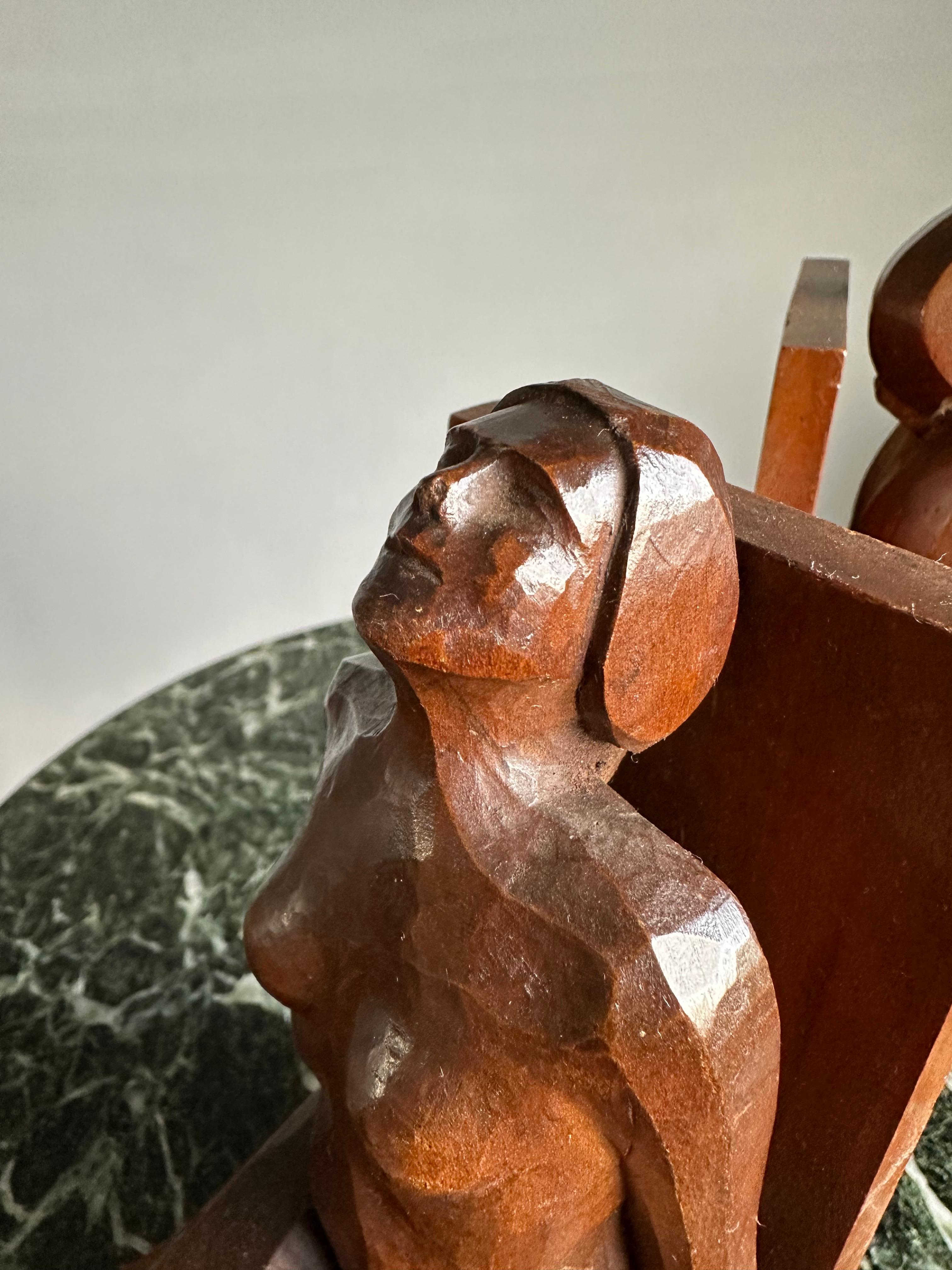 Striking & Hand Carved, Stylized Wooden Art Deco Nude Female Sculpture Bookends For Sale 9