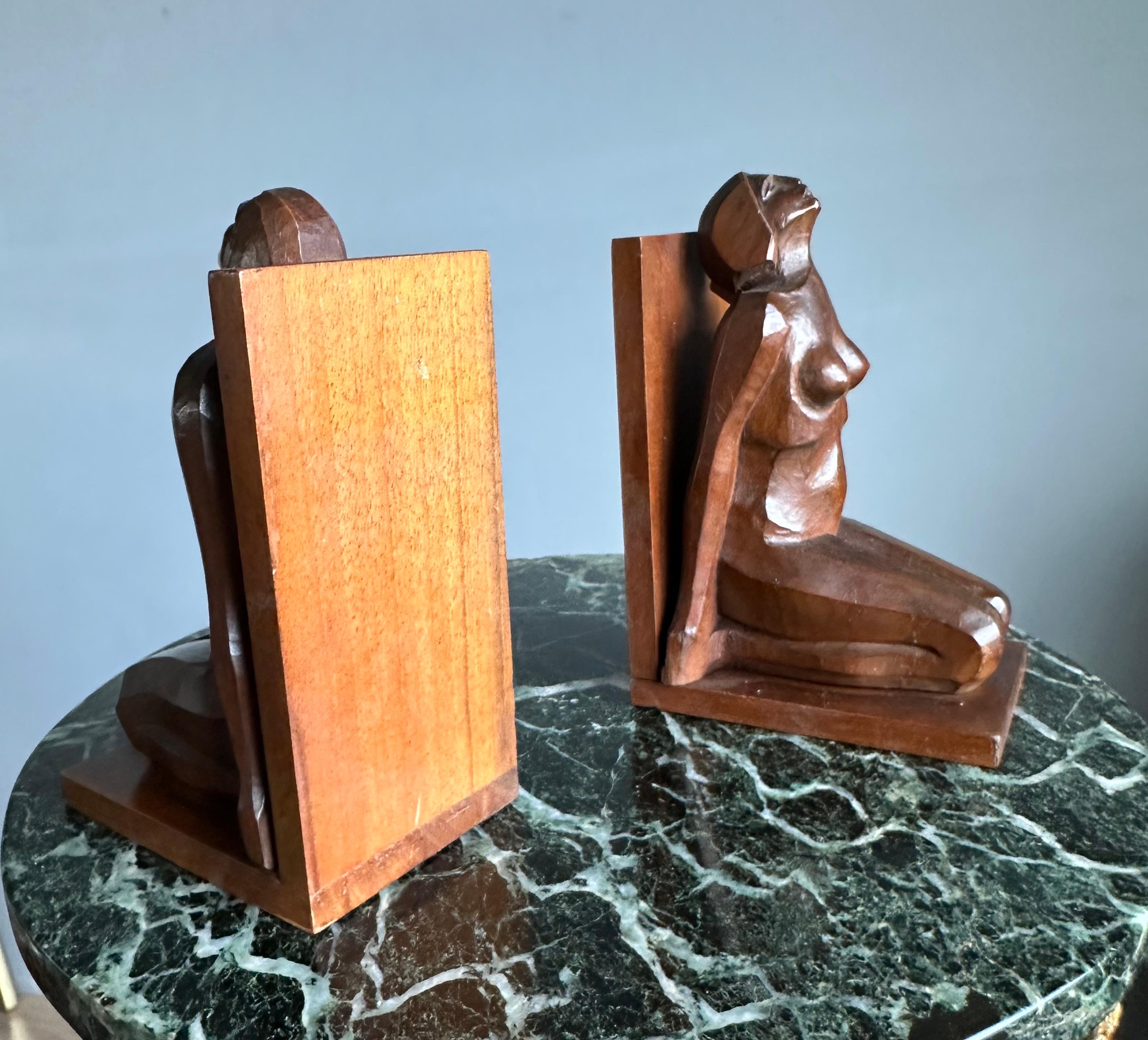 Striking & Hand Carved, Stylized Wooden Art Deco Nude Female Sculpture Bookends For Sale 10