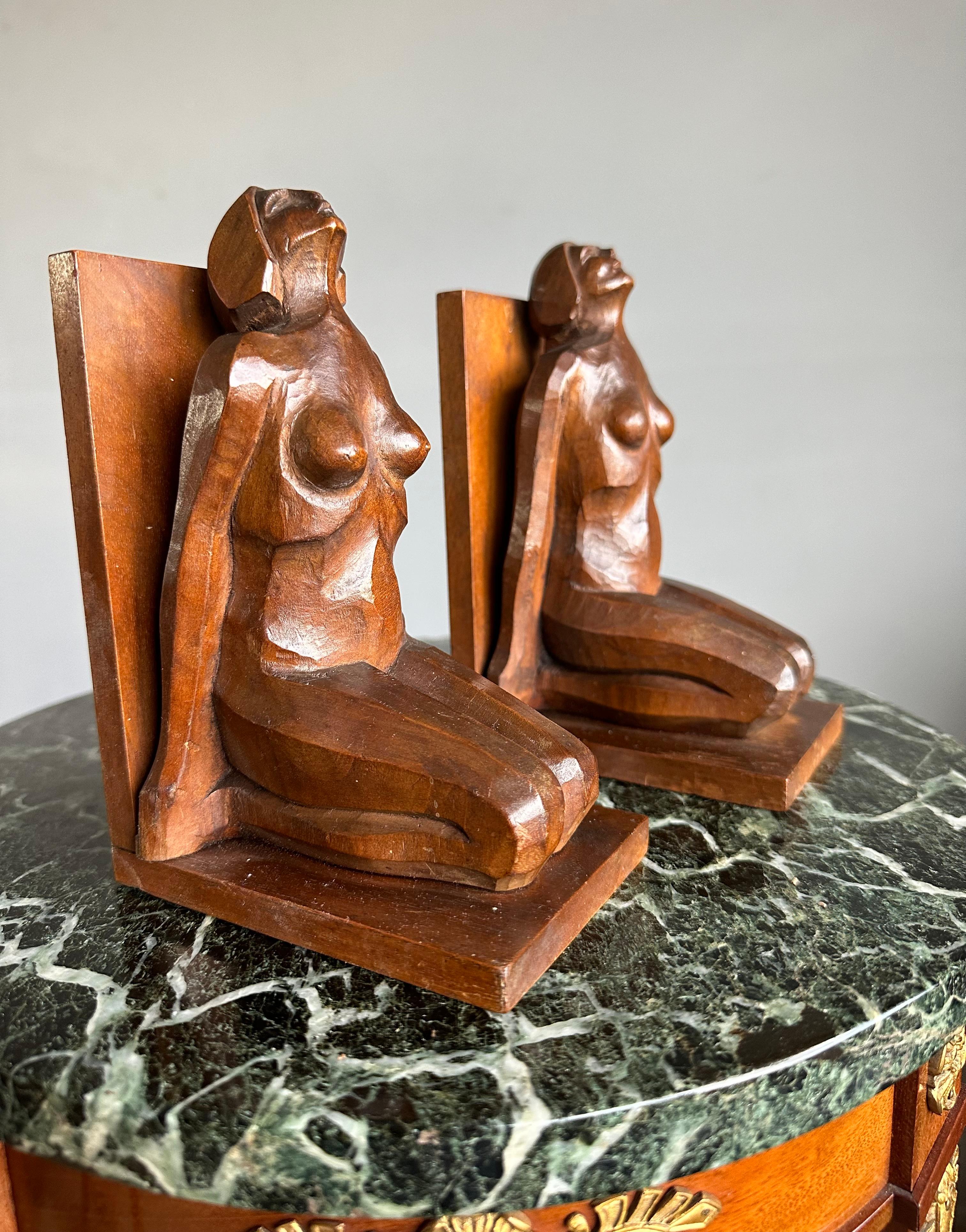 French Striking & Hand Carved, Stylized Wooden Art Deco Nude Female Sculpture Bookends For Sale