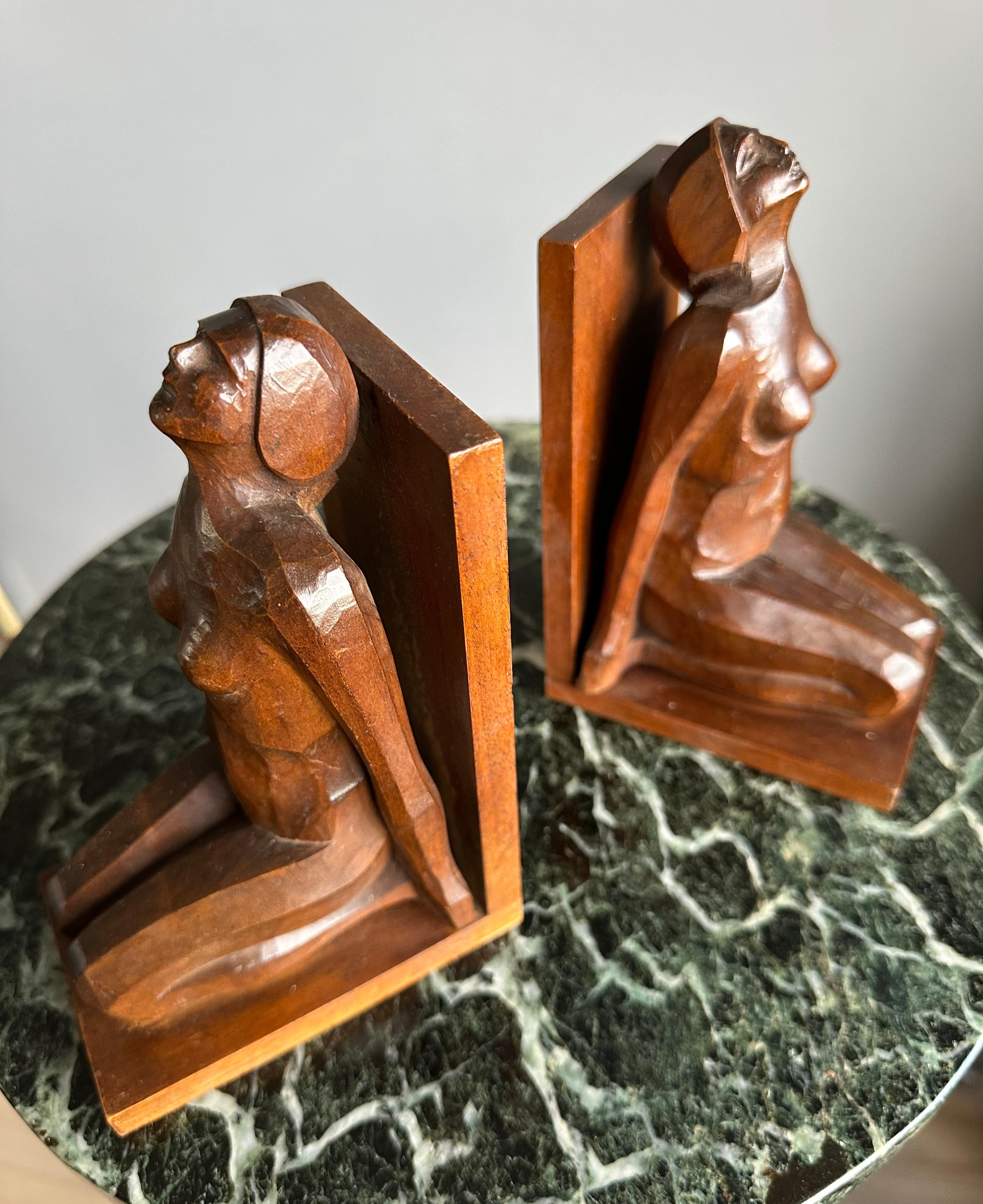 Hand-Carved Striking & Hand Carved, Stylized Wooden Art Deco Nude Female Sculpture Bookends For Sale