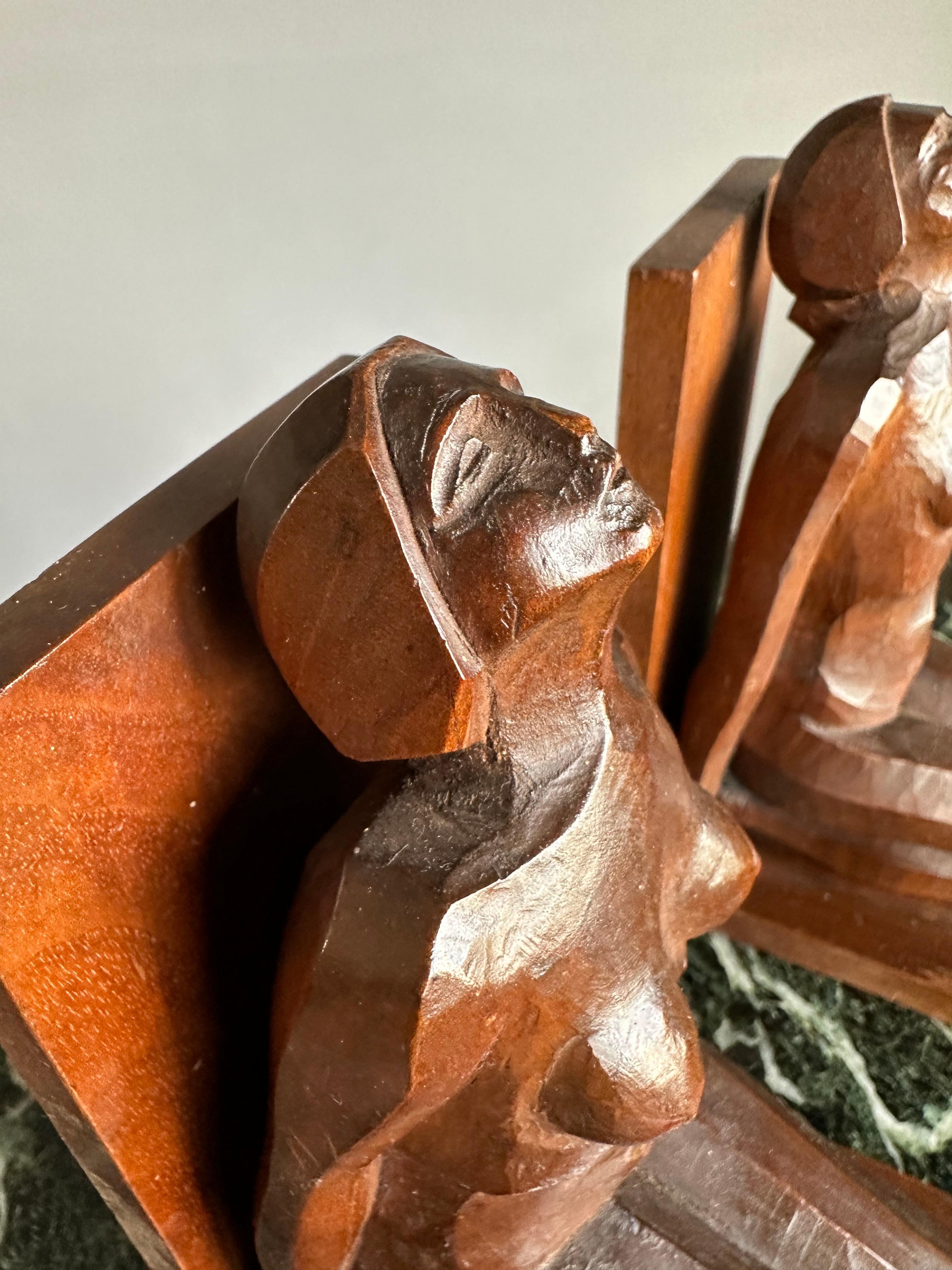 Striking & Hand Carved, Stylized Wooden Art Deco Nude Female Sculpture Bookends In Good Condition For Sale In Lisse, NL