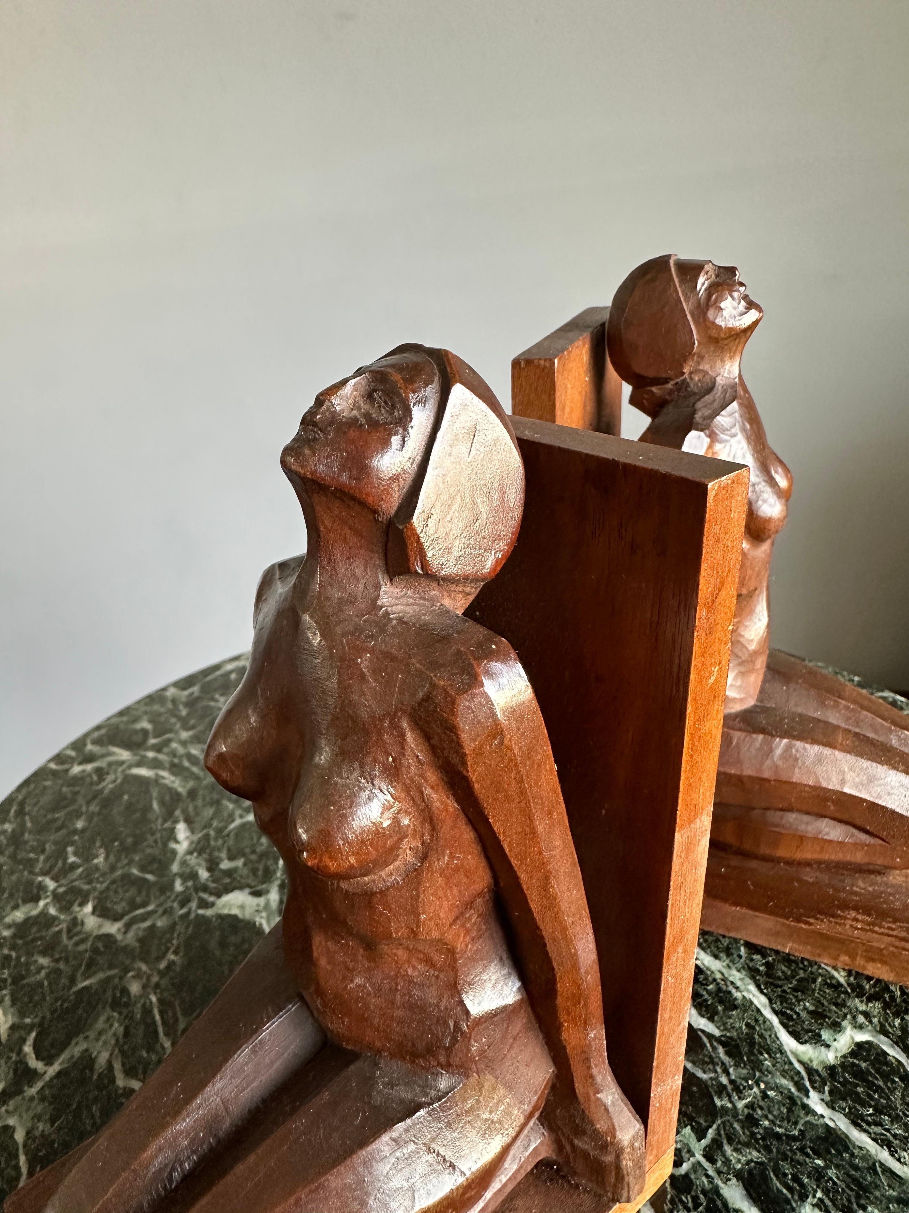 20th Century Striking & Hand Carved, Stylized Wooden Art Deco Nude Female Sculpture Bookends For Sale
