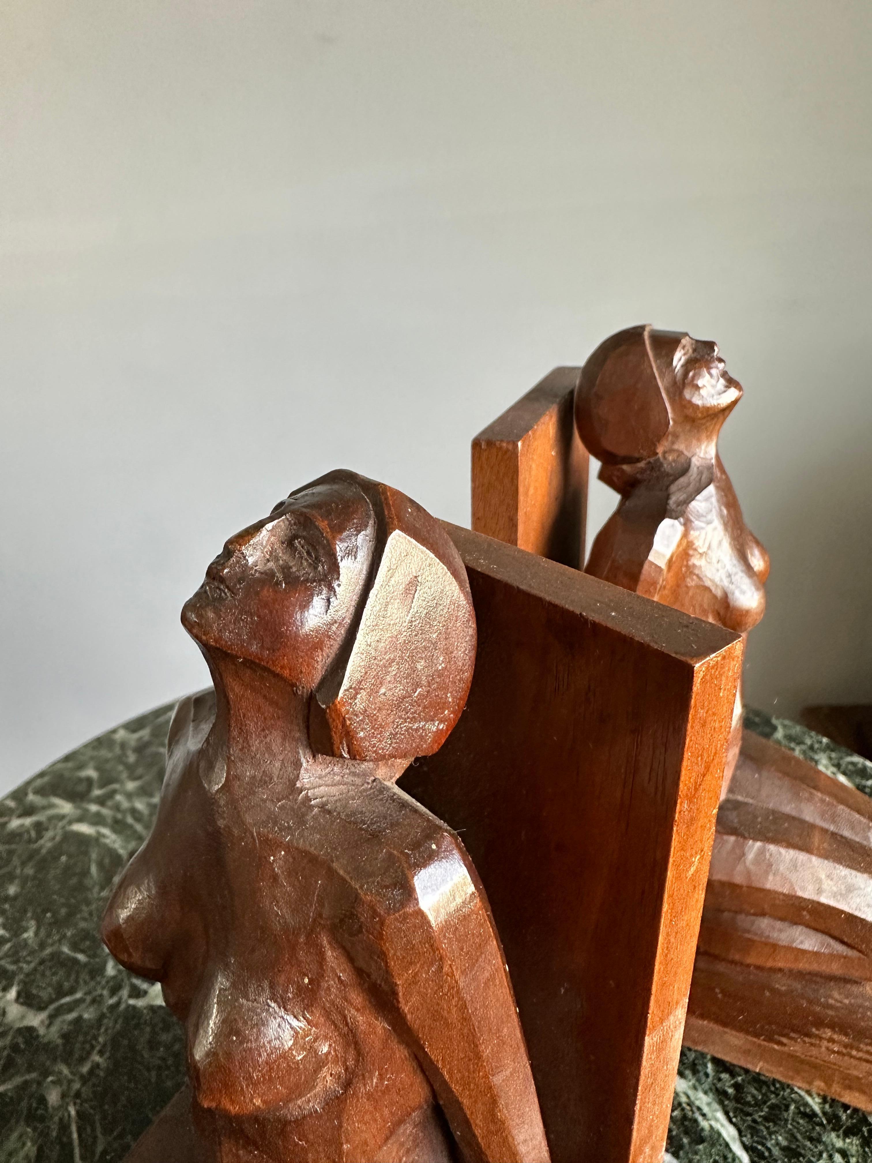 Nutwood Striking & Hand Carved, Stylized Wooden Art Deco Nude Female Sculpture Bookends For Sale