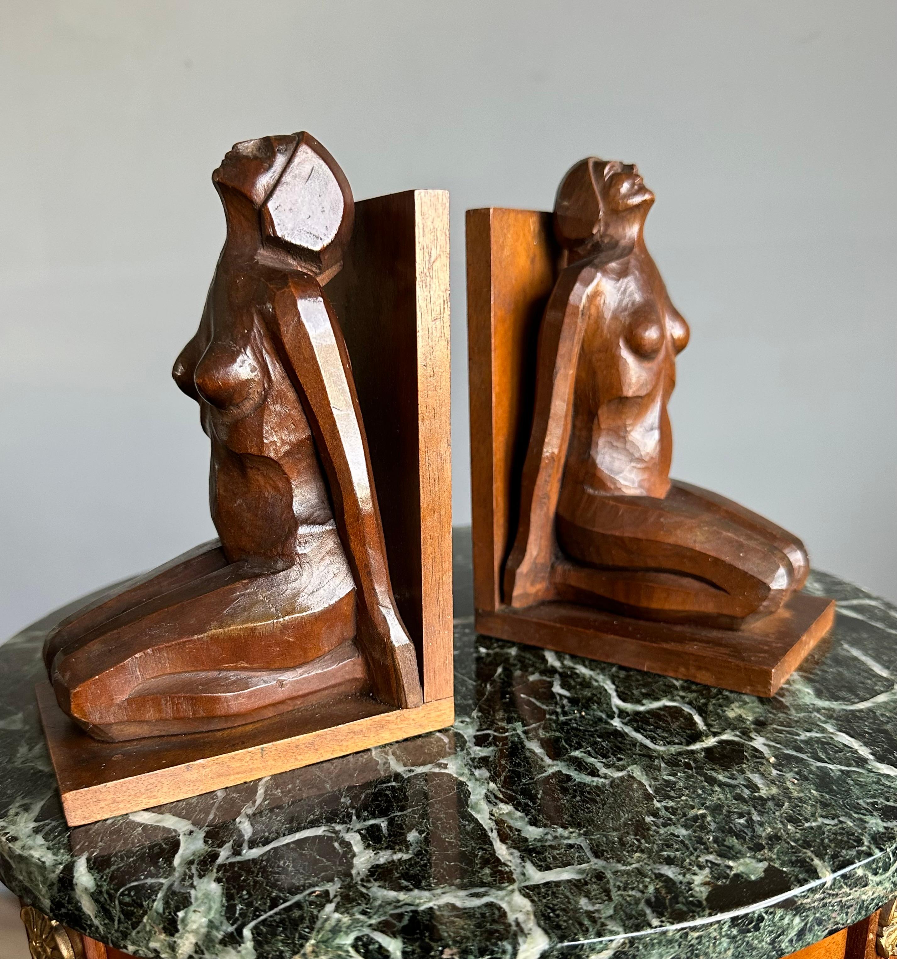 Striking & Hand Carved, Stylized Wooden Art Deco Nude Female Sculpture Bookends For Sale 1