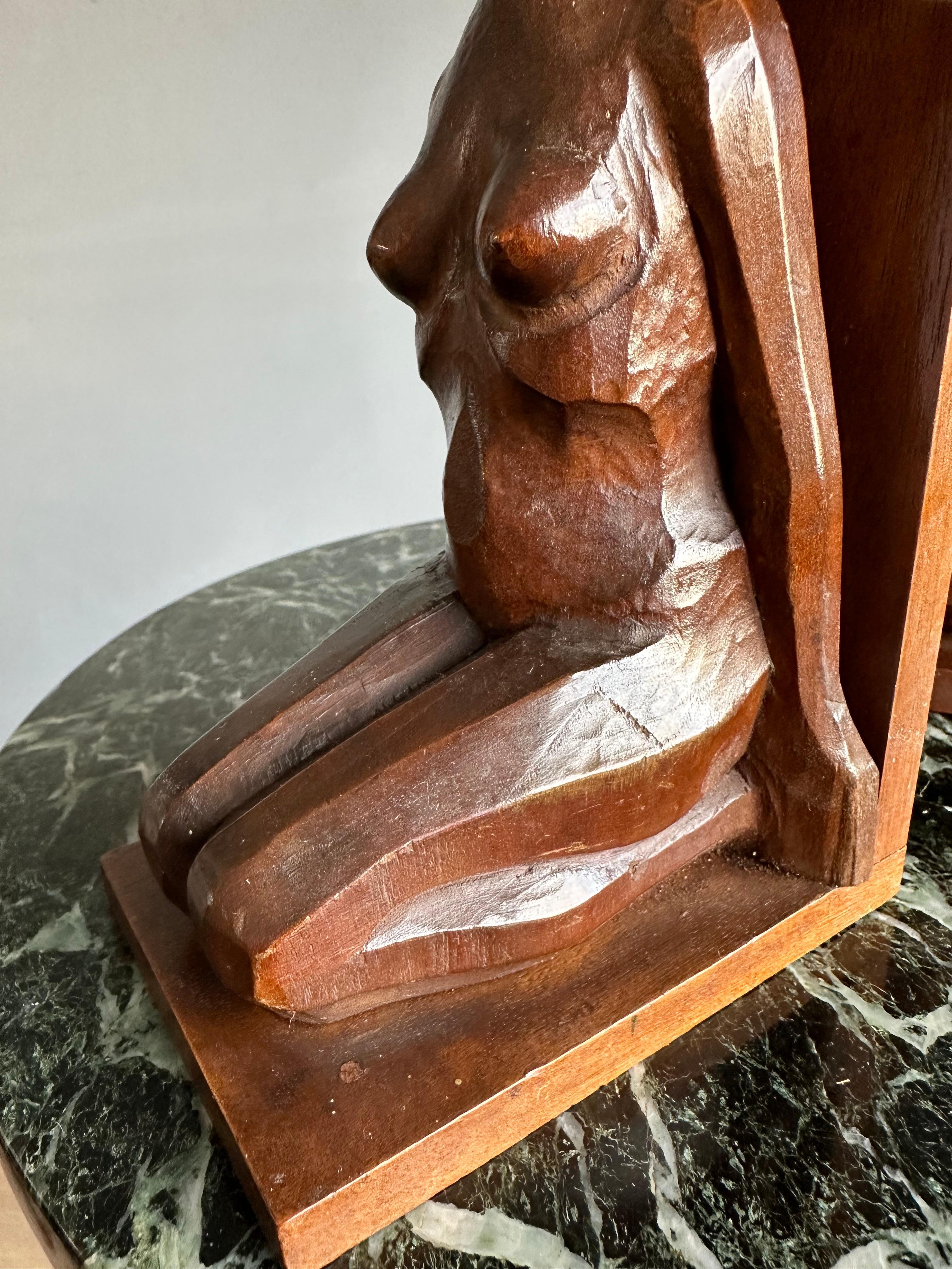 Striking & Hand Carved, Stylized Wooden Art Deco Nude Female Sculpture Bookends For Sale 2