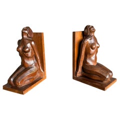 Magnifique serre-livres en bois sculpté à la main, Sculpture Femme Nue Art Déco