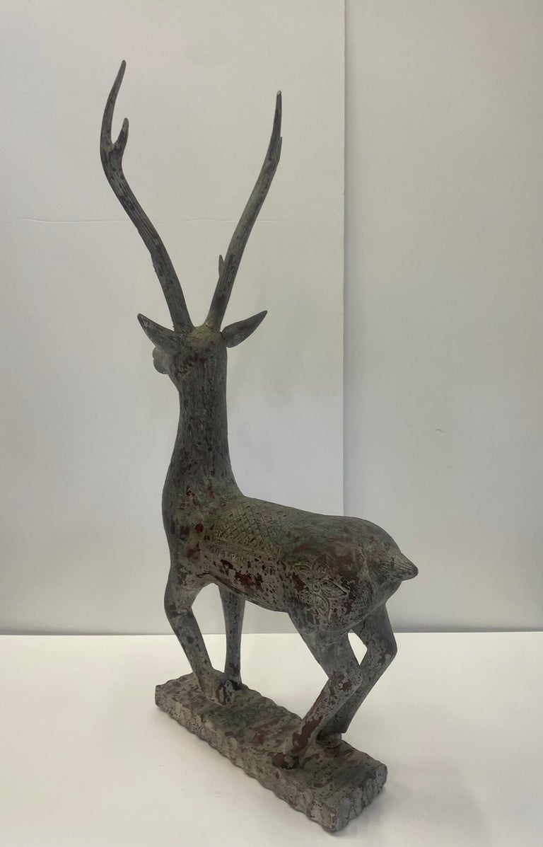 Striking Hand Carved Wood Deer Sculpture at 1stDibs