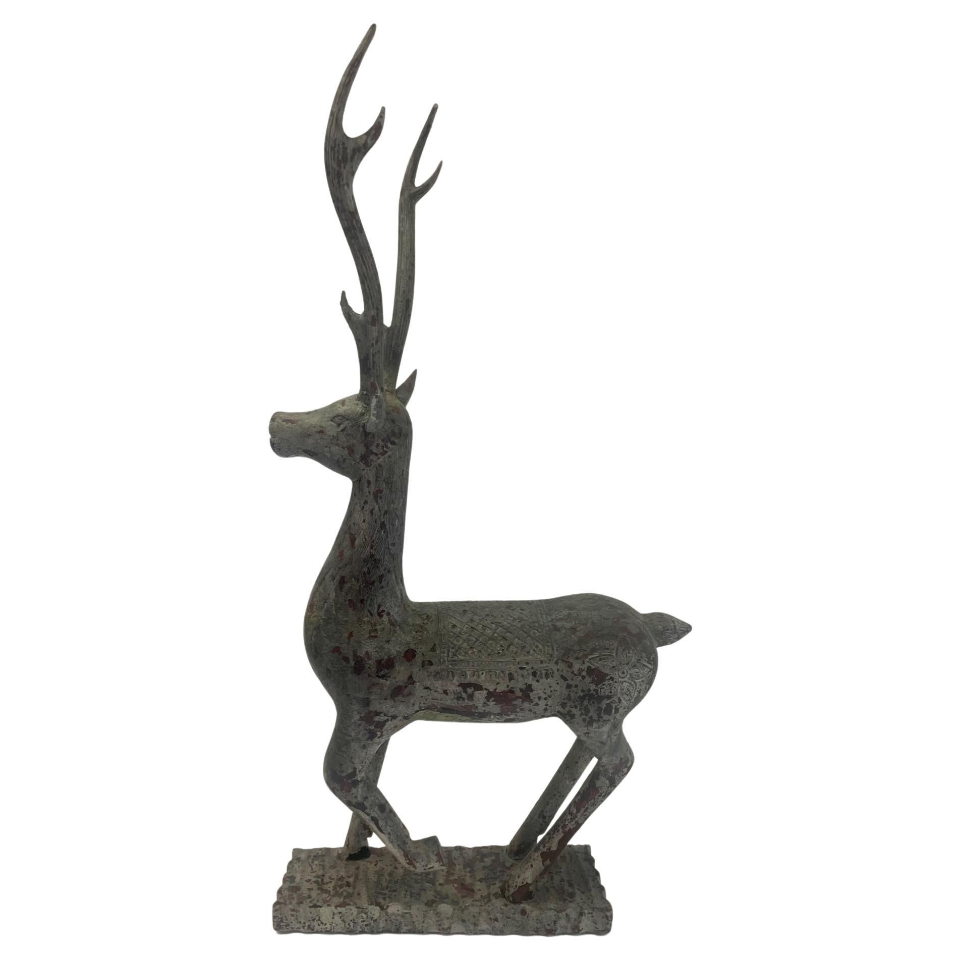 Striking Hand Carved Wood Deer Sculpture at 1stDibs