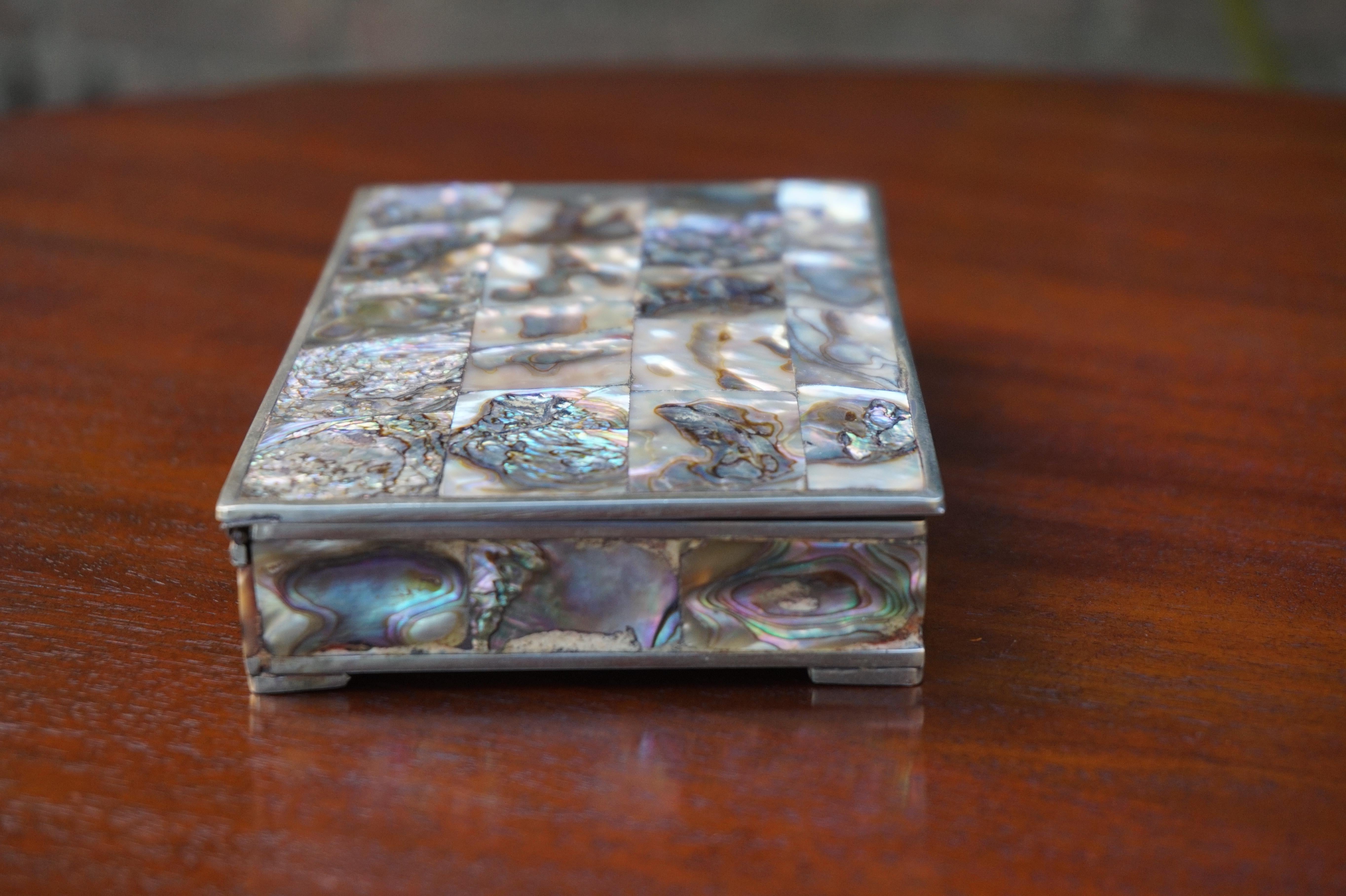 Polished Striking Handcrafted Midcentury Era Mother of Pearl and Alpaca Silver Box