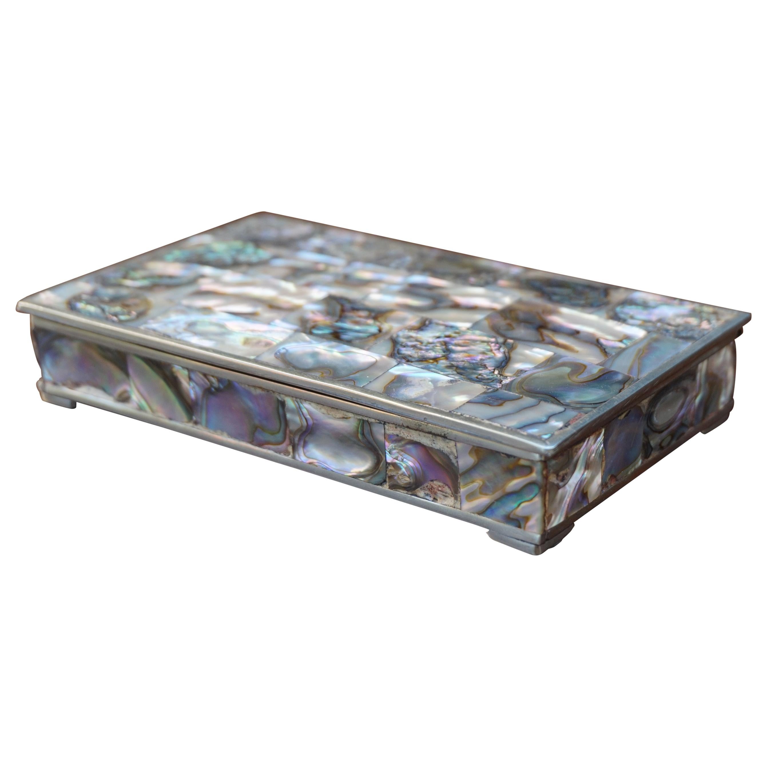 Striking Handcrafted Midcentury Era Mother of Pearl and Alpaca Silver Box